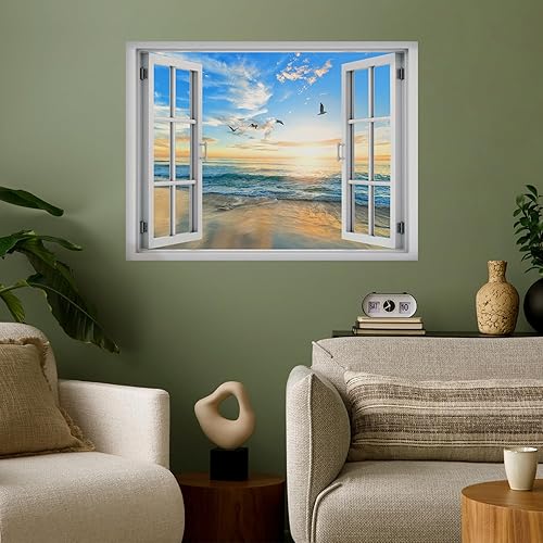 wall26 Adhesivo de pared removiblemural de pared con vista de ventana de pájaros volando sobre la playa vibrante, orilla, puesta de sol, naturaleza,