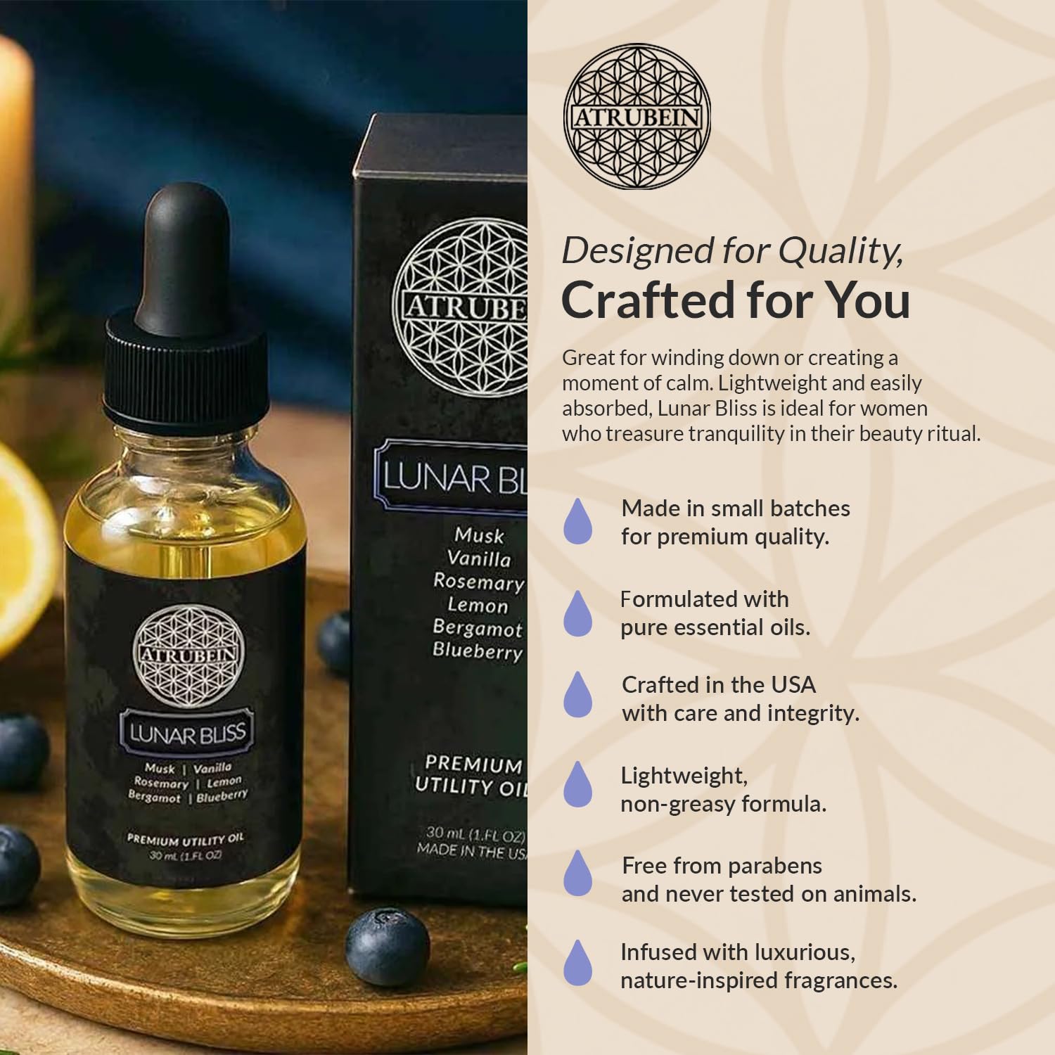 Lunar Bliss Premium Utility Oil - For Women - Lemon, Bergamot, Blueberry, Rosemary, Vanilla & Musk - Soothing, Tranquil Blend - 30mL