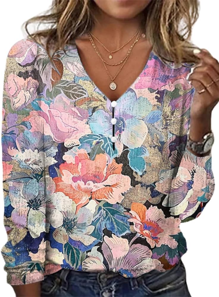 LOAIHA Boho Tops for Women Fall Long Sleeve Shirts Floral Print Button Up Plus Size Blouses Bohemian V Neck Tunic Clothes