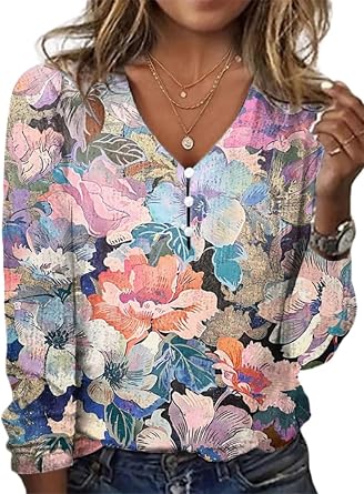Womens Boho Floral Print Tops Dressy Slim Fit Vintage Womens Summer Tops V Neck Button Down Shirts for Women