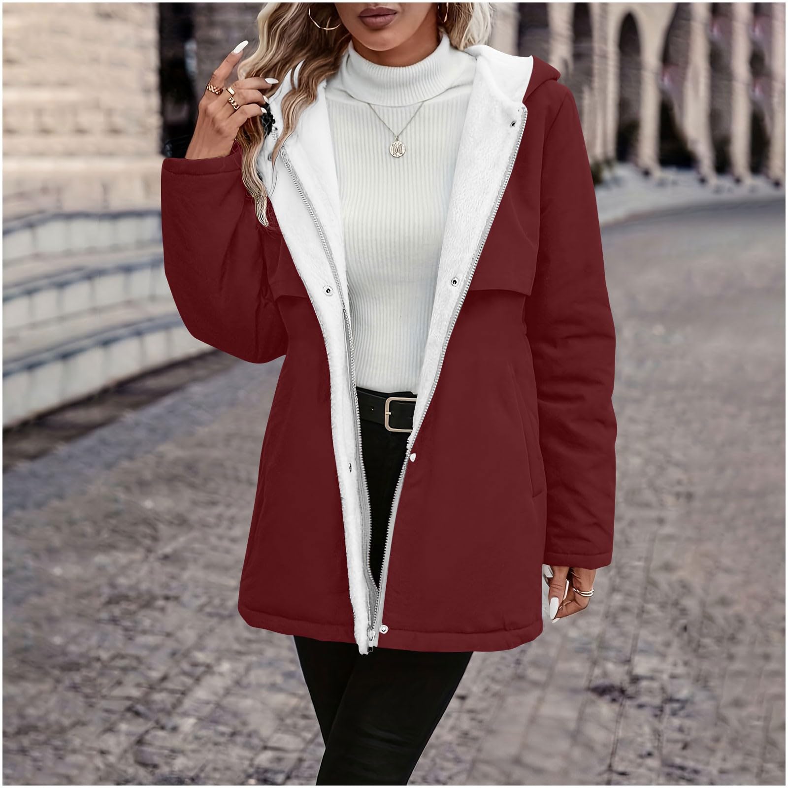 Chaqueta de forro polar para mujer, chaqueta cálida de invierno con cremallera, chaqueta de longitud media con capucha, forro de sherpa, abrigo de manga larga, abrigo de felpa cómoda para exteriores