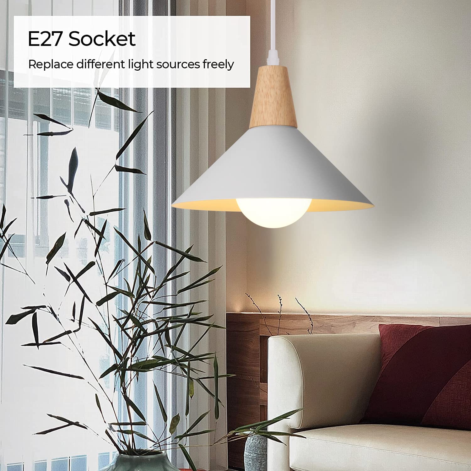 Lampada a Sospensione Retrò LED Lampada a Soffitto in Legna Metallo Moderna Lampadario a Scandinavo Plafoniera per Soggiorno Sala Da Pranzo Camera,25cm (Bianco 2 Pezzi)