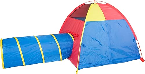 Vista 2 de Pacific Play Tents 20414 Tienda Domo Hide-Me para Niños y Combo de Túnel de Gateo para Juego Interior/Exterior Rojo/Amarillo/Azul Grande