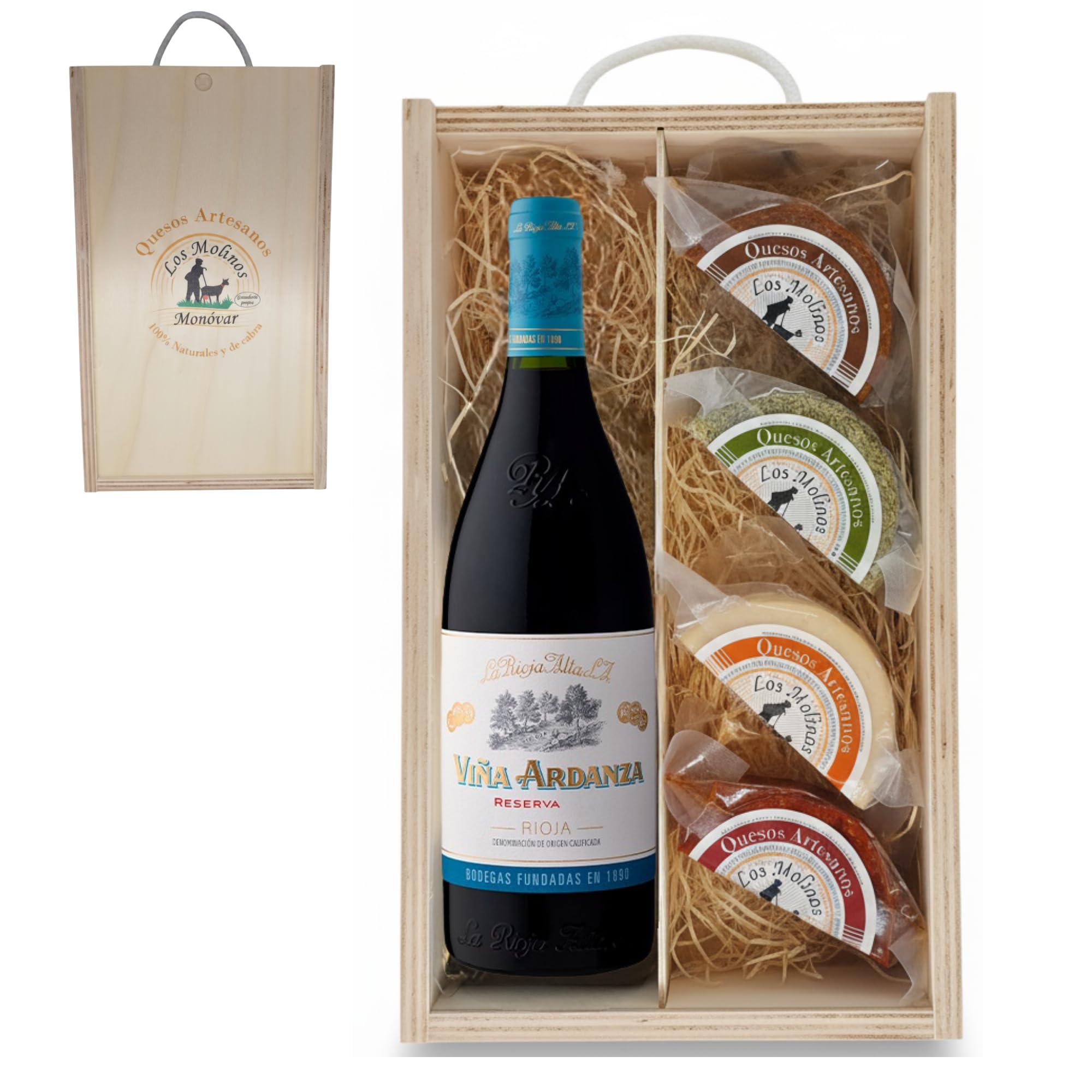 Estuche Gourmet 4 Quesos Artesanos de Leche Cabra con Botella Vino Tinto Viña Ardanza | Caja de Madera | Queso Semicurado, Romero, Pimentón y Curado | Regalo Gastronómico | Ganadería Propia