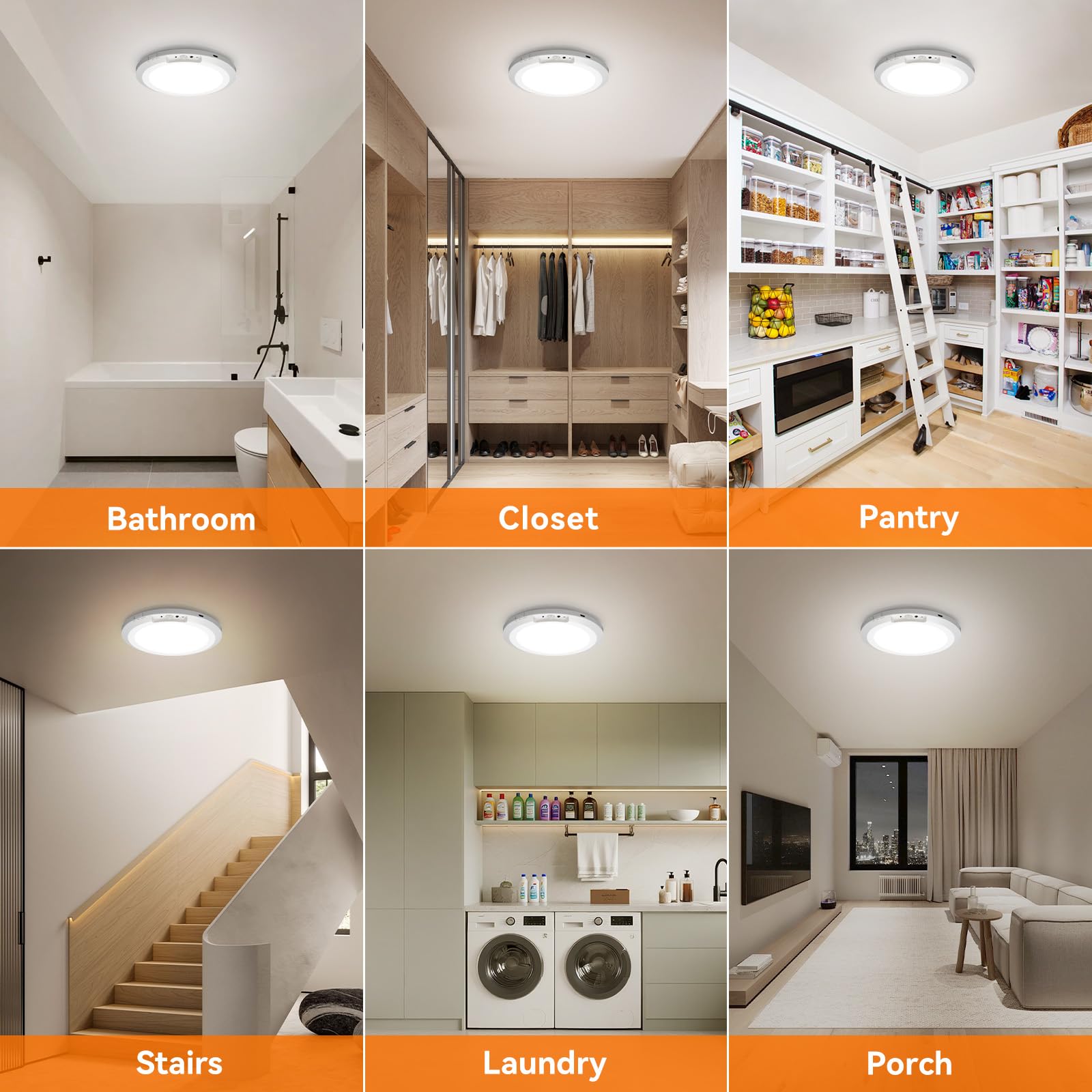 Plafonnier rechargeable à détecteur de mouvement pour intérieur et extérieur avec télécommande, 18 cm, à piles, 3000 K, 4000 K, 6000 K, 400 lm, intensité variable pour placard, couloir
