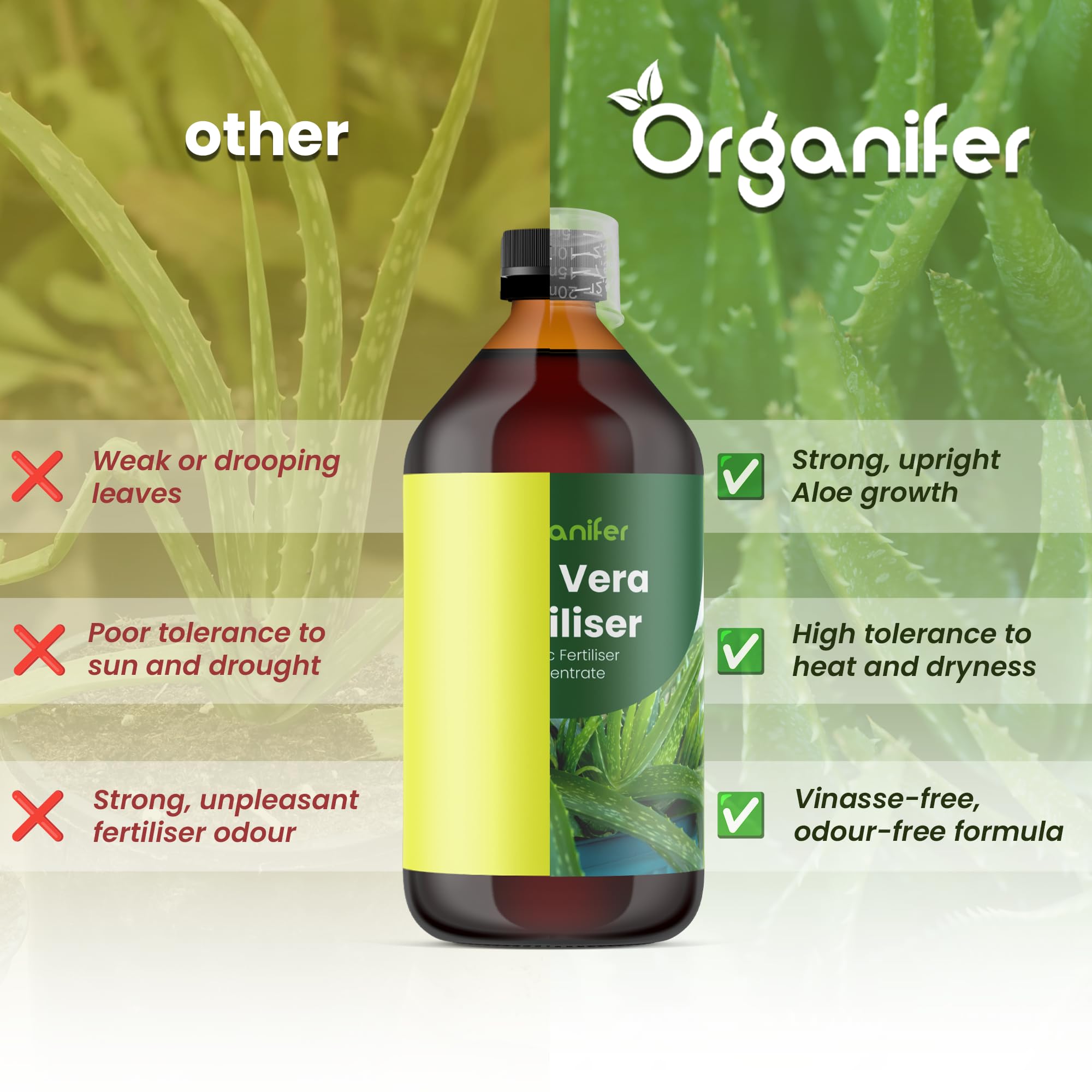 Fertilizante Líquido Para Aloe Vera - 2x1L - NPK 2-1-8 | Fertilizante Para Hojas Fuertes Y Suculentas Sanas - Favorece Raíces Y Vitalidad - Organifer