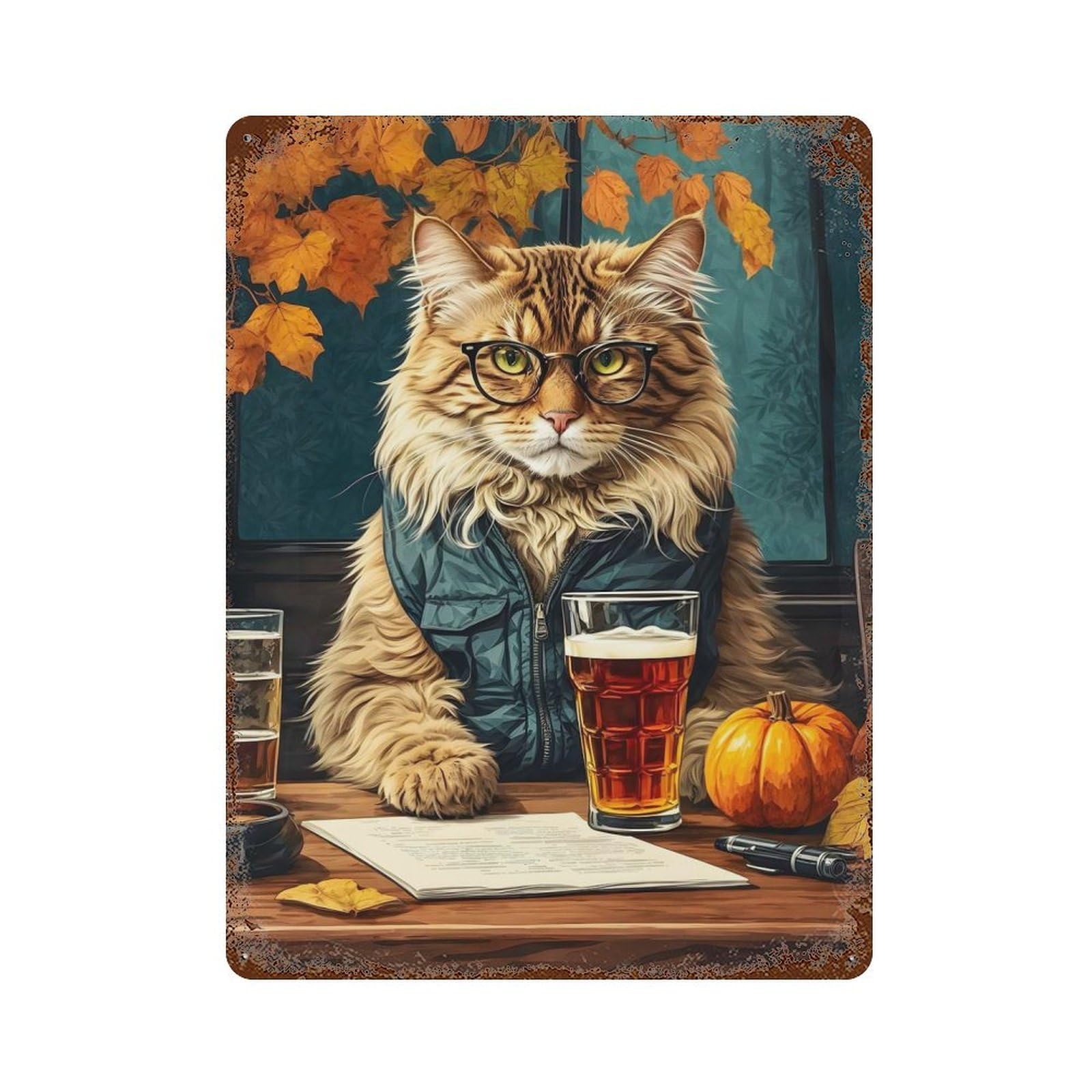 Rust Effect Intellectual Cat Aged Metal Wall Plaque 15.7"x11.8", Farmhouse Wall Decor for Office, Studio And Wall Decor