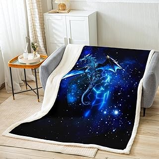 Galaxy Dragon Sherpa Blanket Chic Outer Space Starry Sky Fleece Throw Blanket Jungle Animals Dragon Fuzzy Blanket for Bed Soft Couch Children Bedroom Decor Blue Black Plush Blanket Throw 50