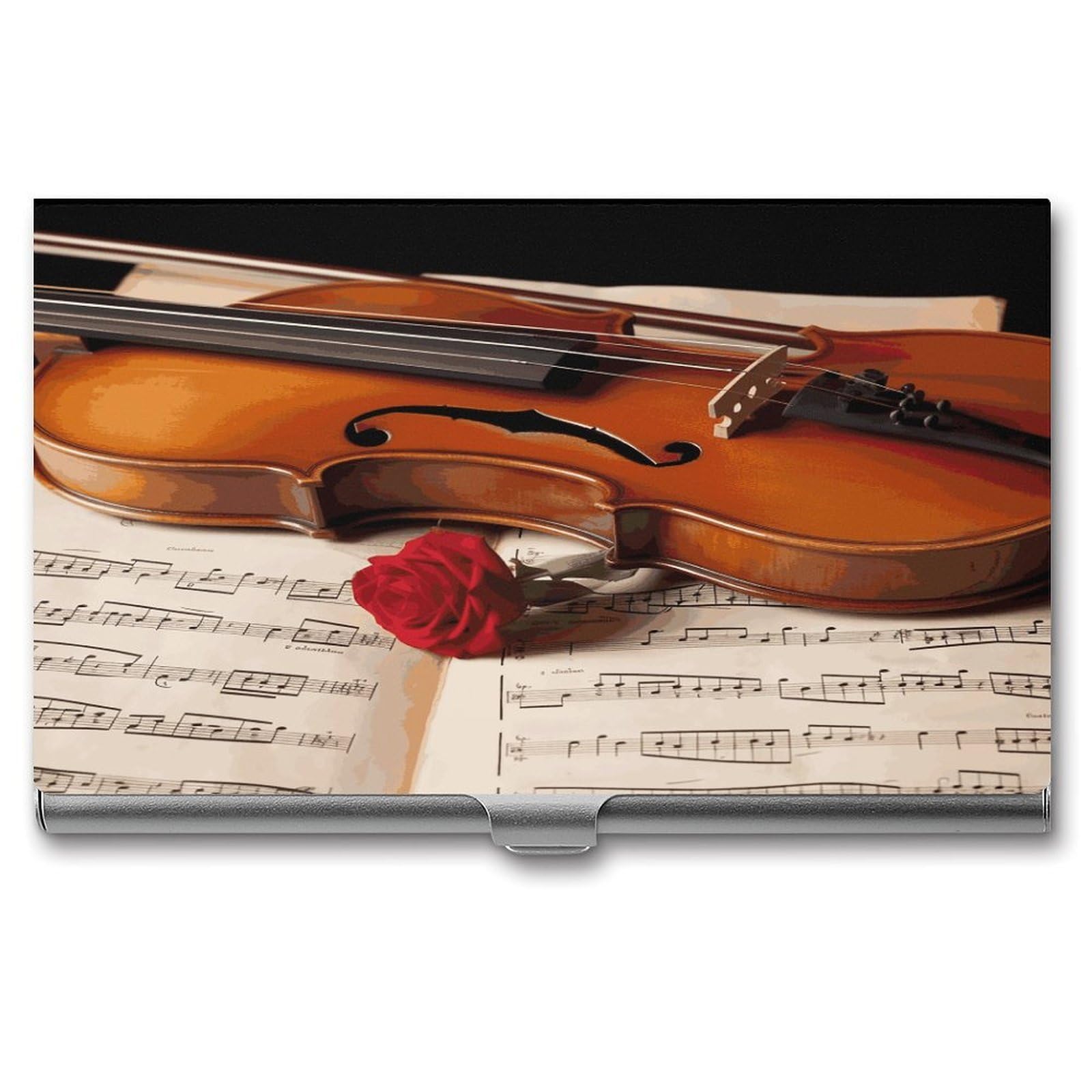 LDGSUPH Violin Sheet Music Business Card Holder Fashion Slim Name Card Holder Minimalist Design Case Metal Card Carrier Personalized Business Card Case with Flip for Men Women