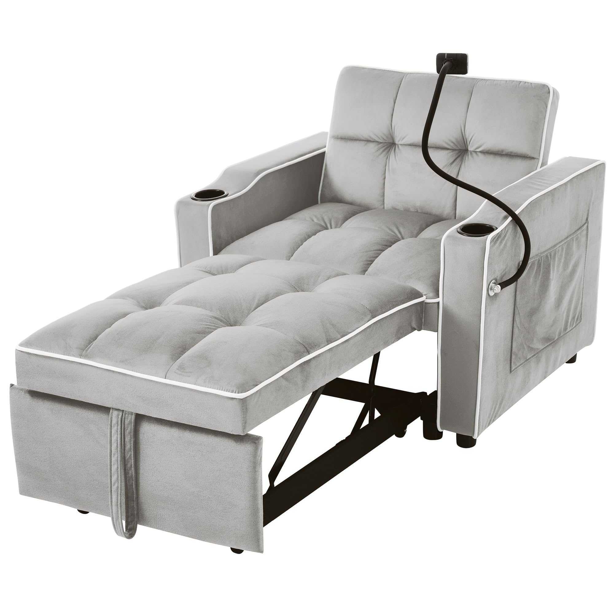 Sofá cama individual extraíble 3 en 1 – Con portavasos y soporte para celular, sofá-tumbona, silla cama, sillón, perfecto para espacios reducidos, 83*167*76 cm (Gris antiguo blanco)
