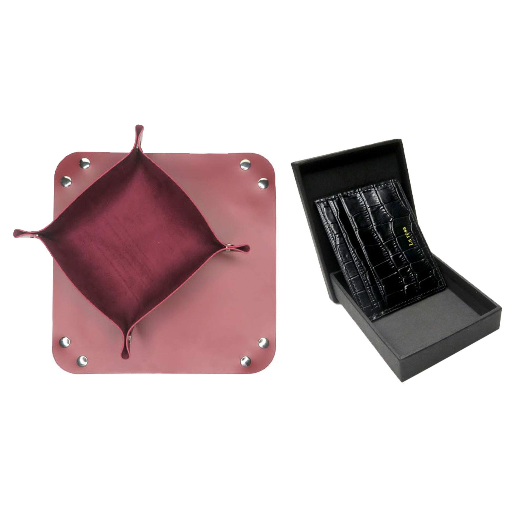 La Rosa2 sizes Leather Valet Tray Organizer Desk Top Home Practical Storage Container (Large & Small) For Personal Items Wallet Watch Key Coin Mobile Makeup Pen WITH Genuine Leather Credit Card Holder