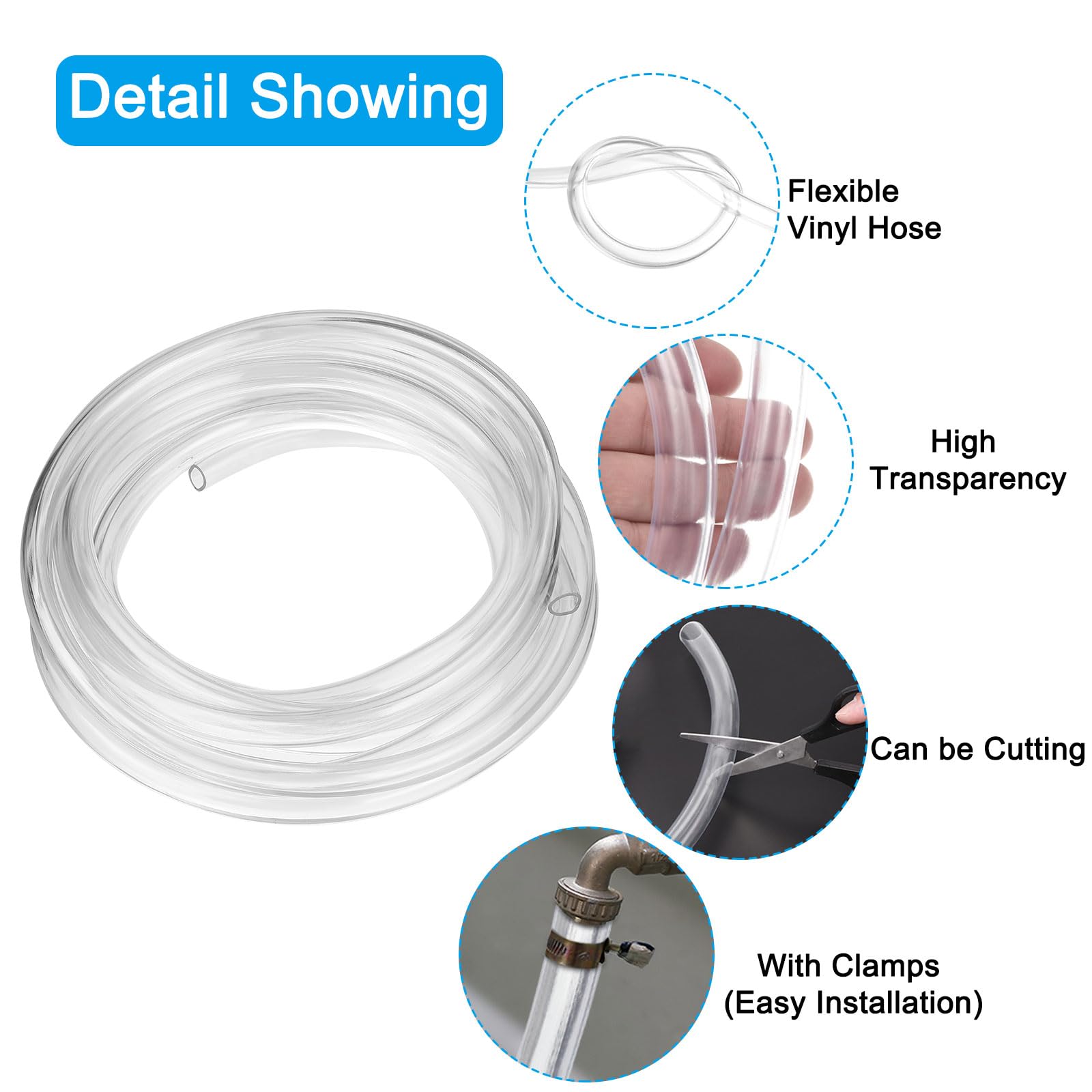 PATIKIL Tubo de Vinilo Transparente de 3/8" D.I. X 33/64" D.E. X 26 Pies de Longitud Tubo Plástico Flexible de PVC con Manguera Y 2 Abrazaderas de Acero Inoxidable Transparente