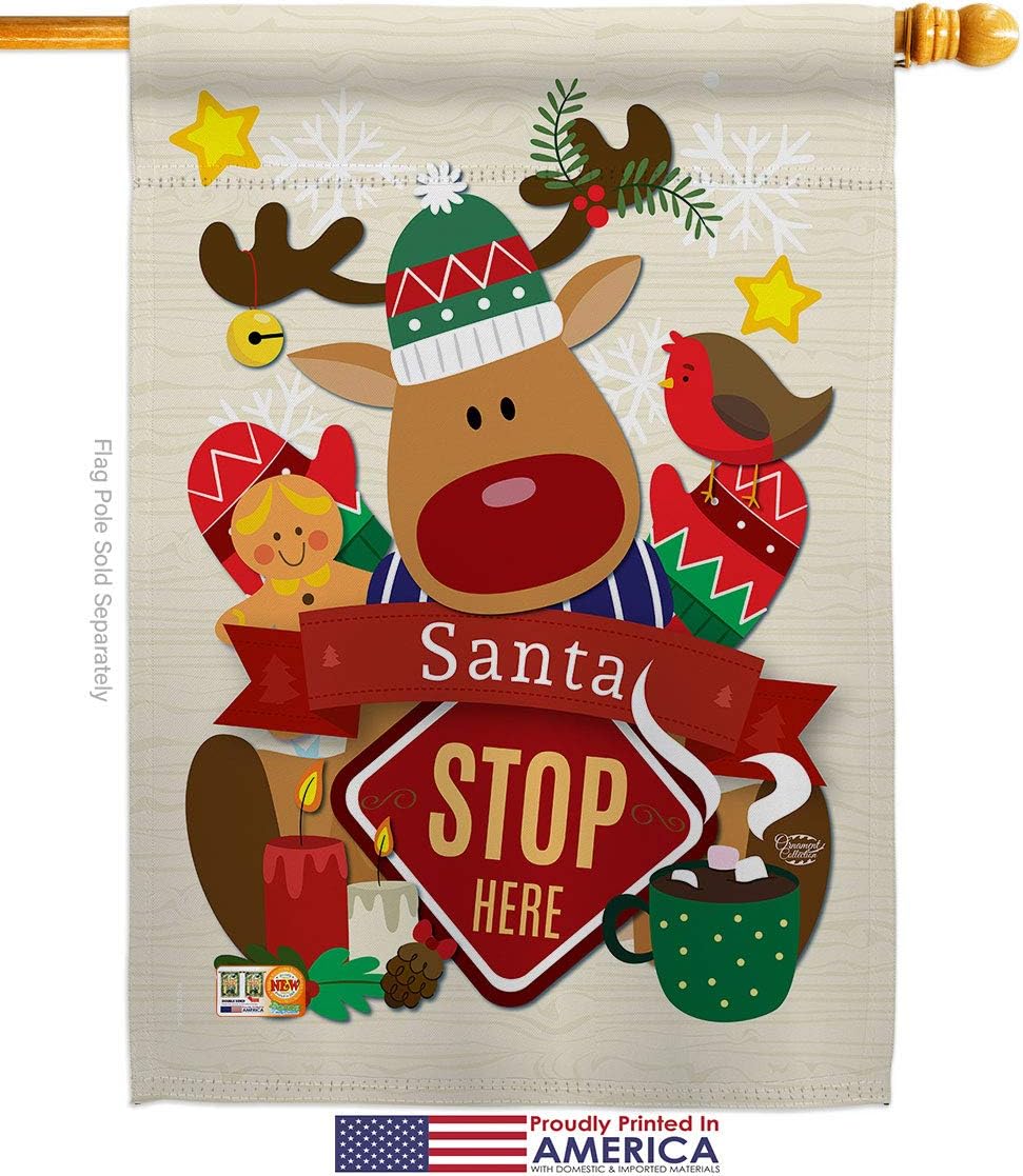Santa Stop Here House Flag Dowel Set Wintertime Christmas Marry Xmas Present Reindeer Season Snow Small Decorative Gift Yard Banner Made In USA 28 X 40