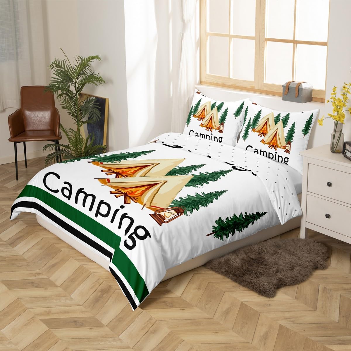 Loussiesd Happy Camping zestaw poszewek na kołdrę, rozmiar king size, dla dzieci, chłopców, dziewcząt, nastolatków, wzór ogniska, zestaw pościeli, akcesoria do przyczep podróżnych, biała poszewka na