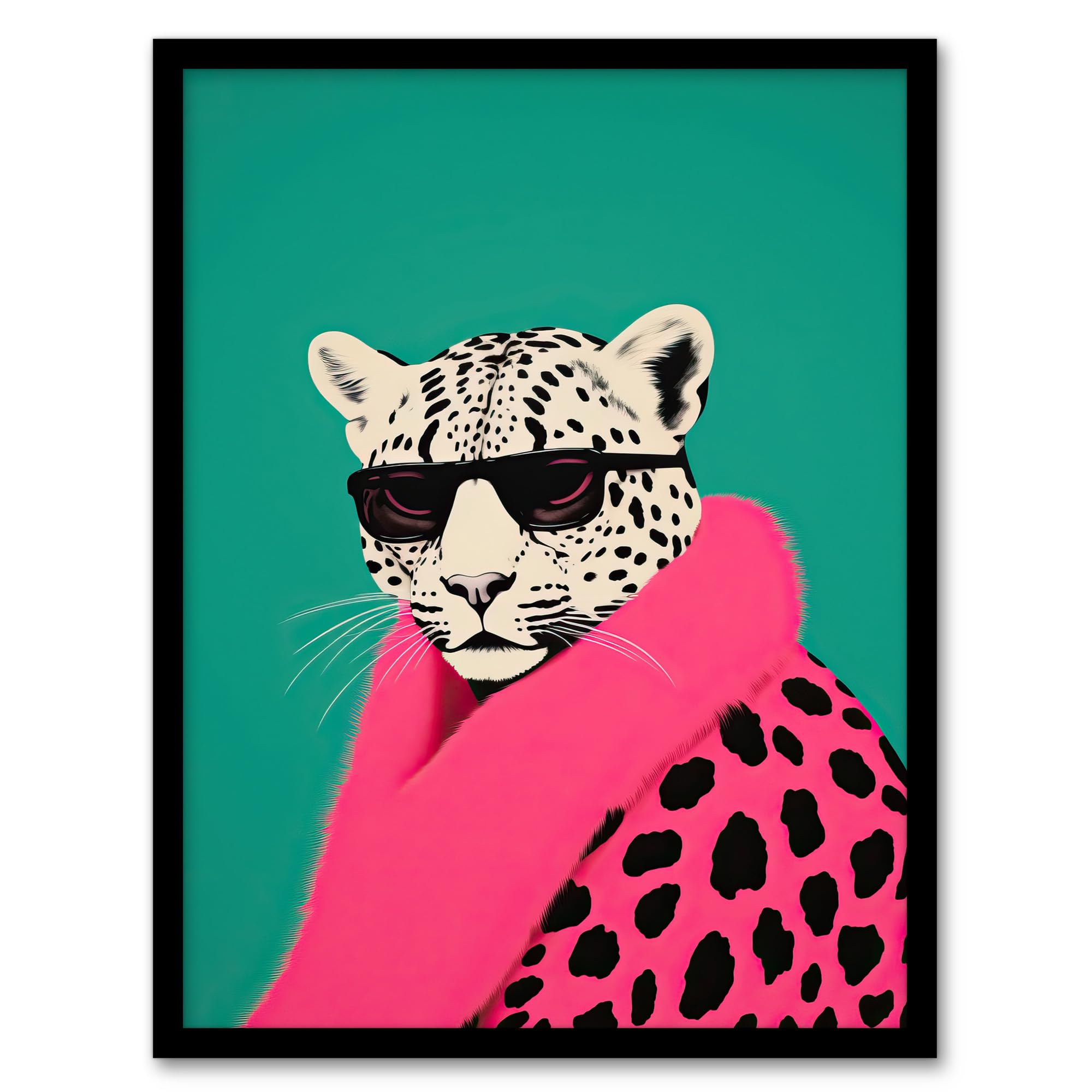 Fashion Cheetah Wall Art Print - Vibrant Teal Hot Pink Colour Block - Bold Animal Portrait - Framed