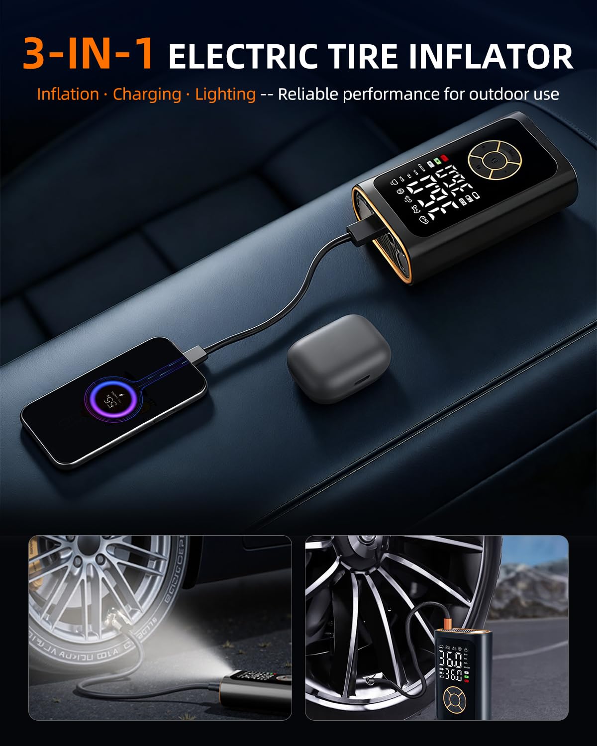 Gonfleur Pneus Voiture sans Fil – Compresseur à Air Portatif 150 PSI avec Arrêt Automatique & Lumière LED, Pompe à Vélo Électrique pour Voiture, Moto, Vélo, Ballon, 15.00 × 9.20 × 9.20 CM