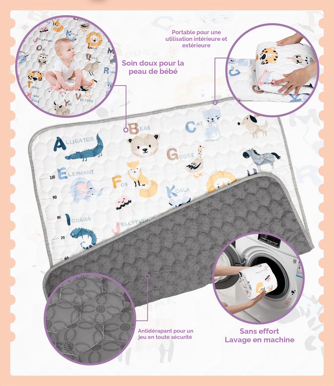 Tapis Bébé, Tapis d’Activités Bébé 180x150cm, Tapis Éveil Bébé Rembourré, Tapis Motricité Bébé Antidérapant, Doux et Lavable, Tapis Enfant pour Intérieur/Extérieur, Idéal pour les Premiers Pas
