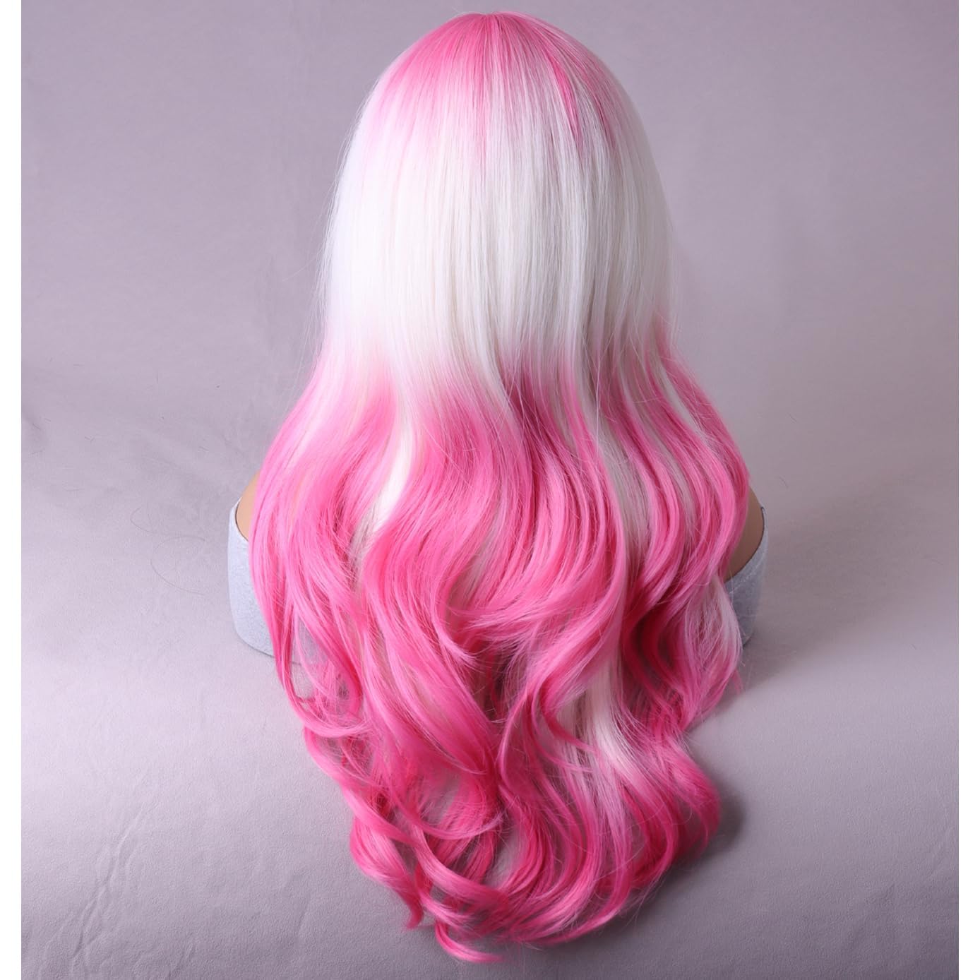 BERON Pink and White Long Wigs Curly Wavy Women's Wigs with Bangs Pink White Ombre Colorful Heat Resistant Synthetic Wigs for Cosplay or Daily Wigs Wig Cap Included - Image 4