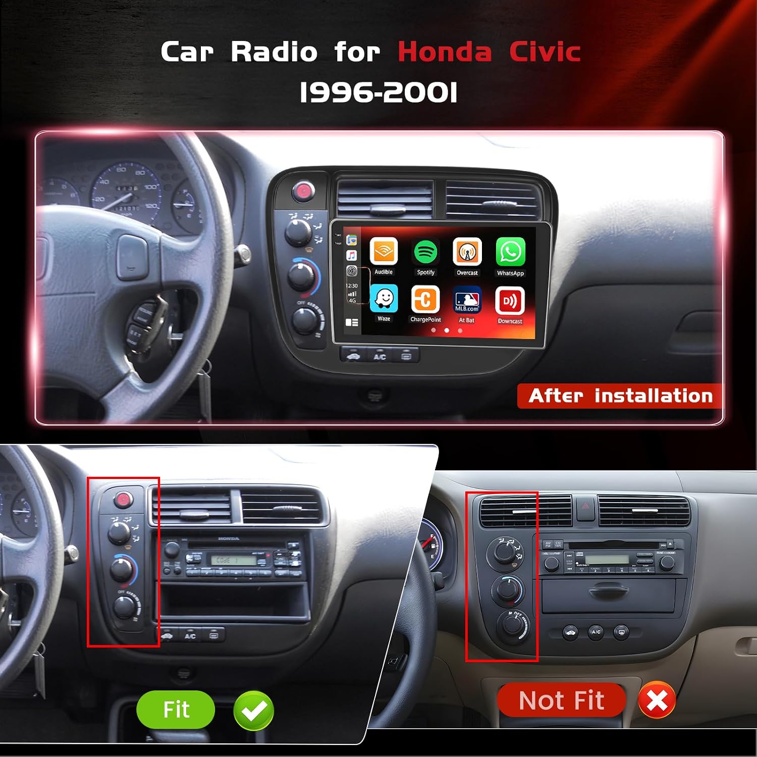 4+64GB Android 15 for Honda Civic 1996-2001 Car Radio Wireless Carplay Android Auto, 9" 1280 * 720P in-Cell Touch Screen WiFi Bluetooth5.0 GPS FM/RDS EQ SWC + Backup Camera MIC