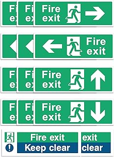 RubiGo Safety Pack of 16, Fire Exit Sign (RIGHT, LEFT, UP, DOWN ARROW) Fire Exit Keep Clear Sign, Fire Action Point Sign, Fire Signs 30 X 10cm Self Adhesive Vinyl Sticker Emergency Exit Signage