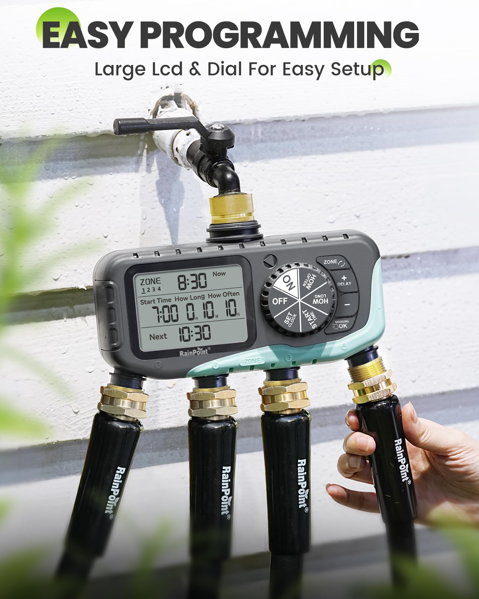 RAINPOINT Timer per irrigazione a 4 zone, programmabile, per tubo flessibile con ritardo della pioggia/sistema di irrigazione manuale/automatico, irrigazione digitale per cortile, prato