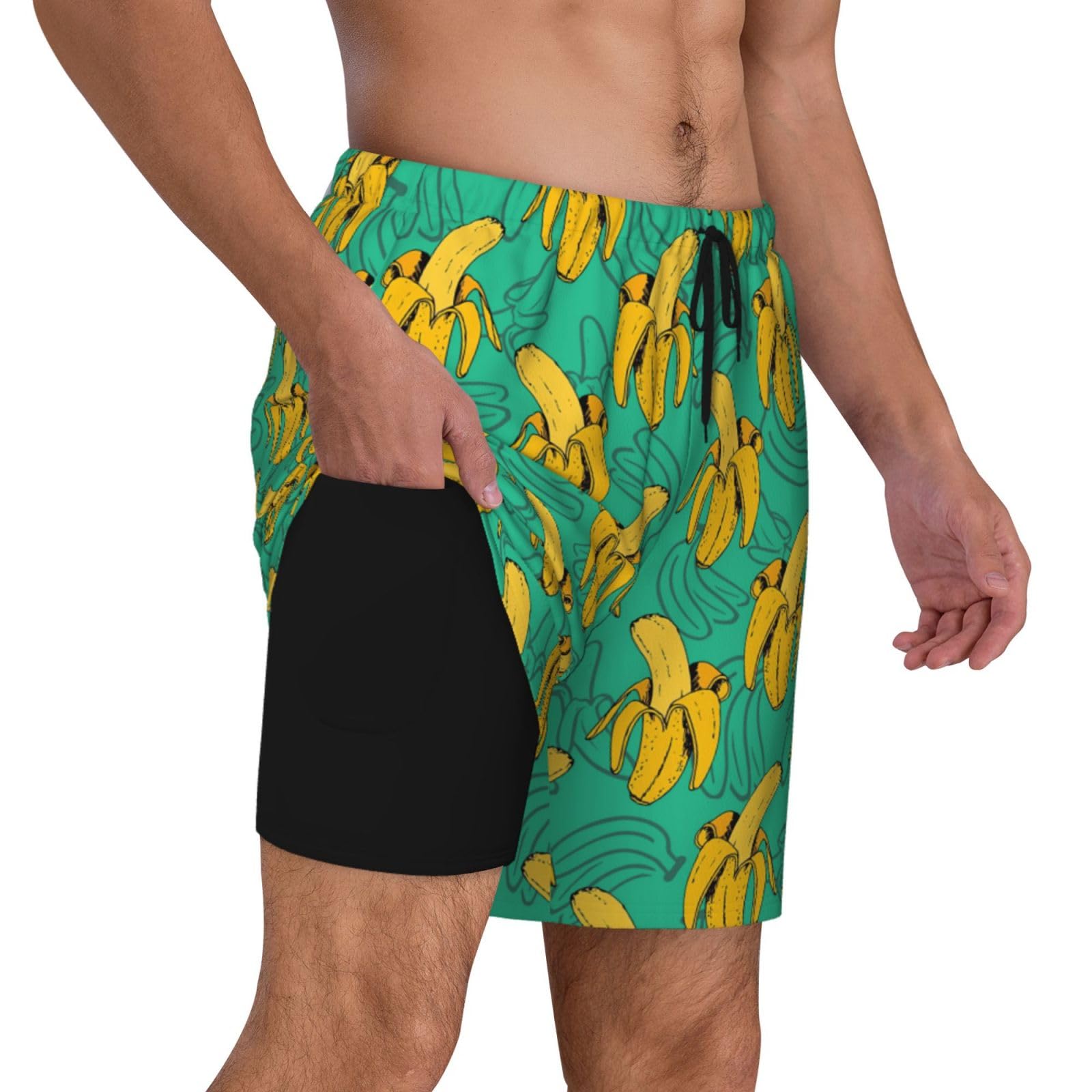 Wosabee Mens Swim Trunks with Compression Liner Quick Dry Men's Swimming Shorts Beach Board Shorts Swimwear Bathing Suits, Banana, X-Large