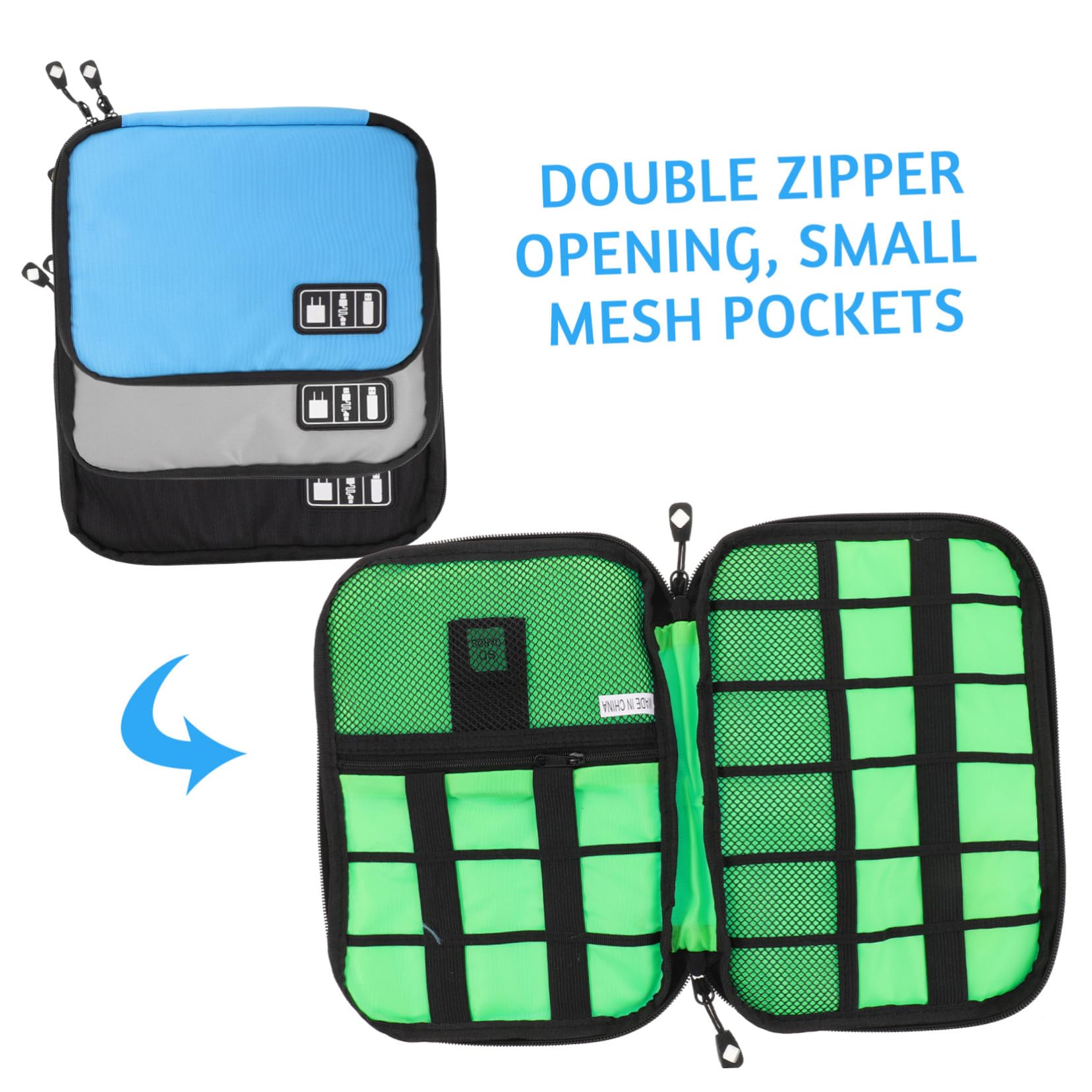 3pezzi Organizer per Cavi Dati Portatile Borsa Organizer Elettronica Tasche Rete e Doppia Apertura Cerniera per Contenere Caricabatterie Auricolari Chiavette USB e Altri Accessori