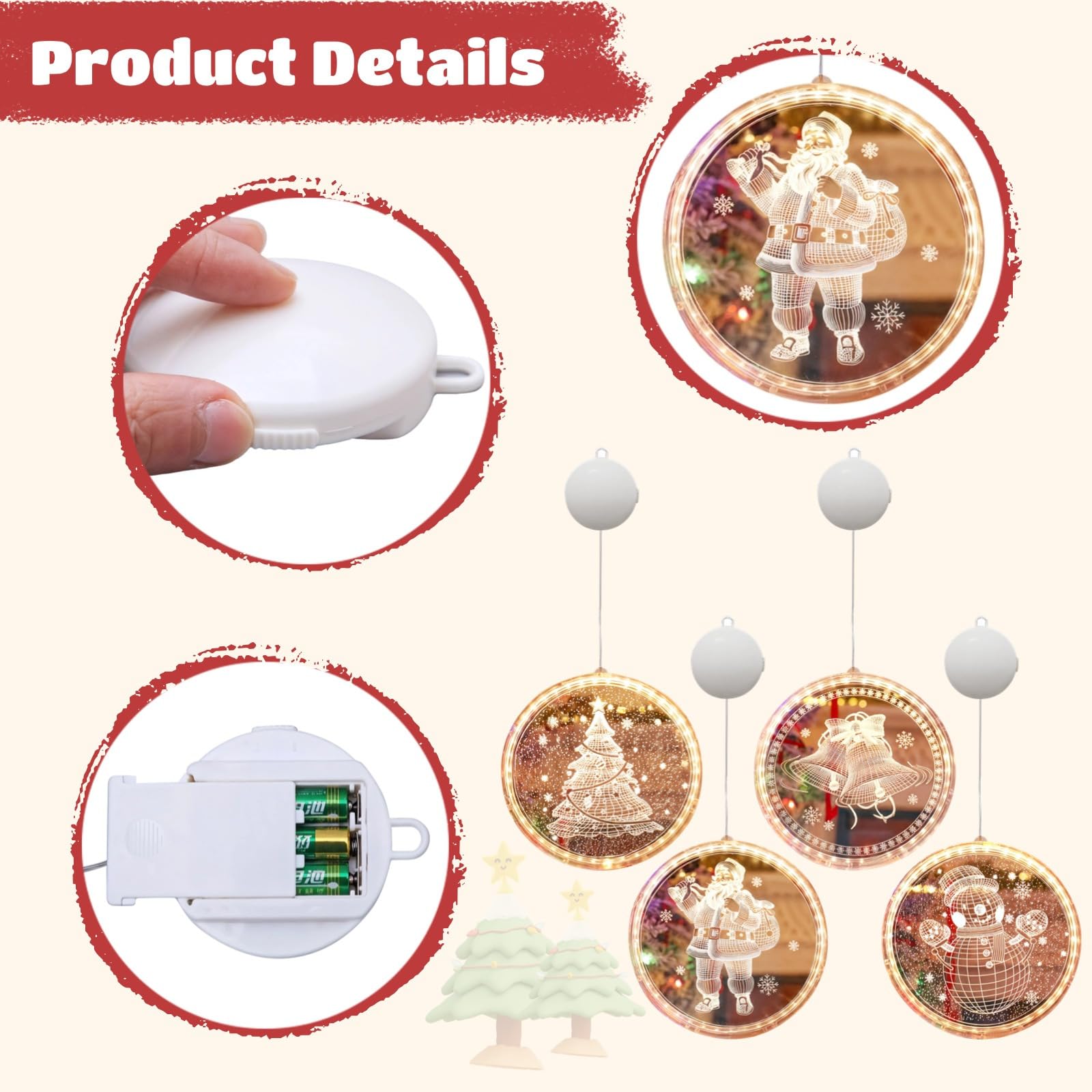 Bosreroy Christmas Window Light Ornaments, Led Suction Cup Decorations Featuring Santa, Tree, Snowman & Bell, Battery Operated Acrylic Circle Clings