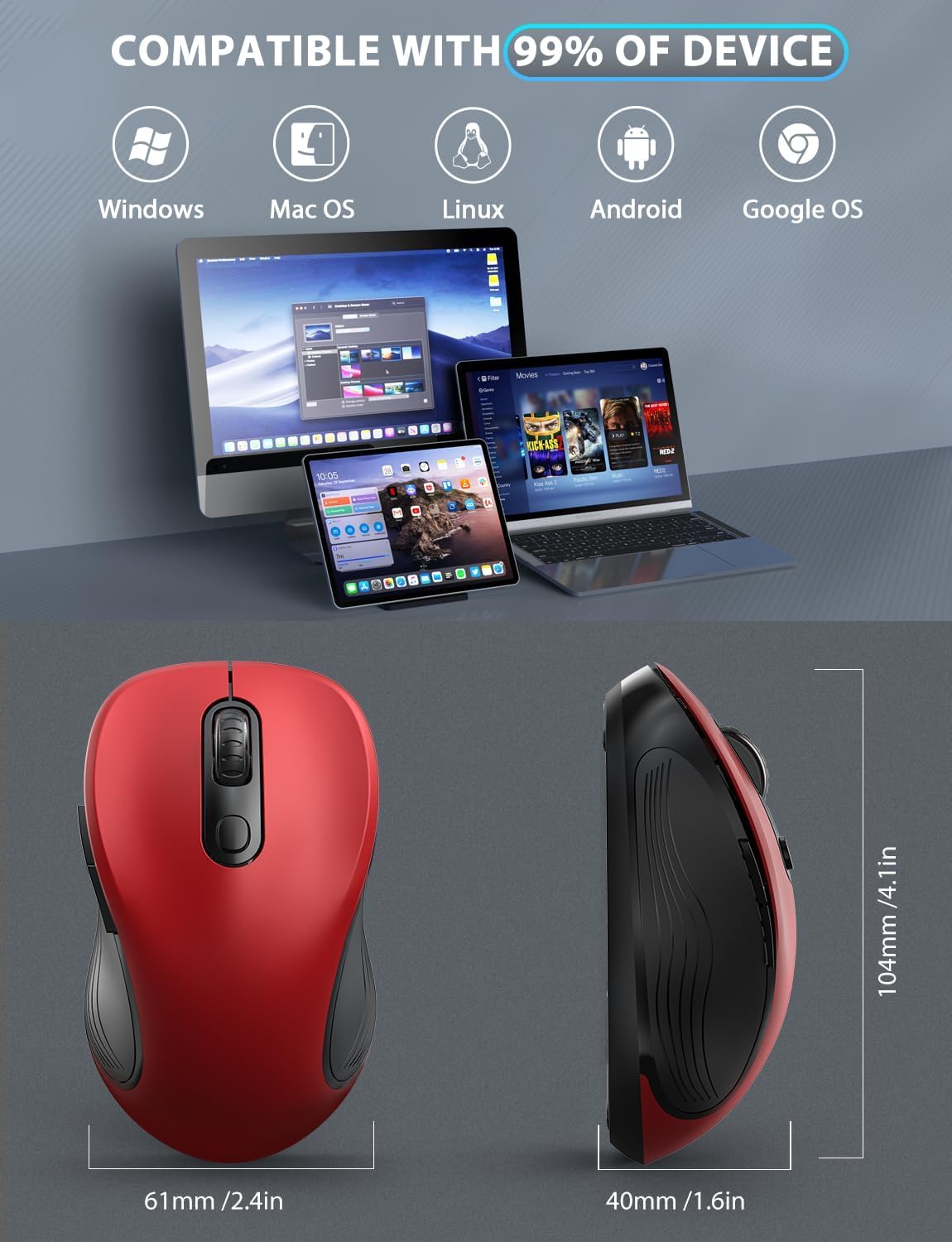 Trueque Bezprzewodowa mysz do laptopa, ergonomiczna mysz komputerowa 2,4 GHz z przyciskami do tyłu i do przodu, 3 regulowane poziomy DPI, 6 przycisków, optyczne myszy bezprzewodowe USB do komputera z