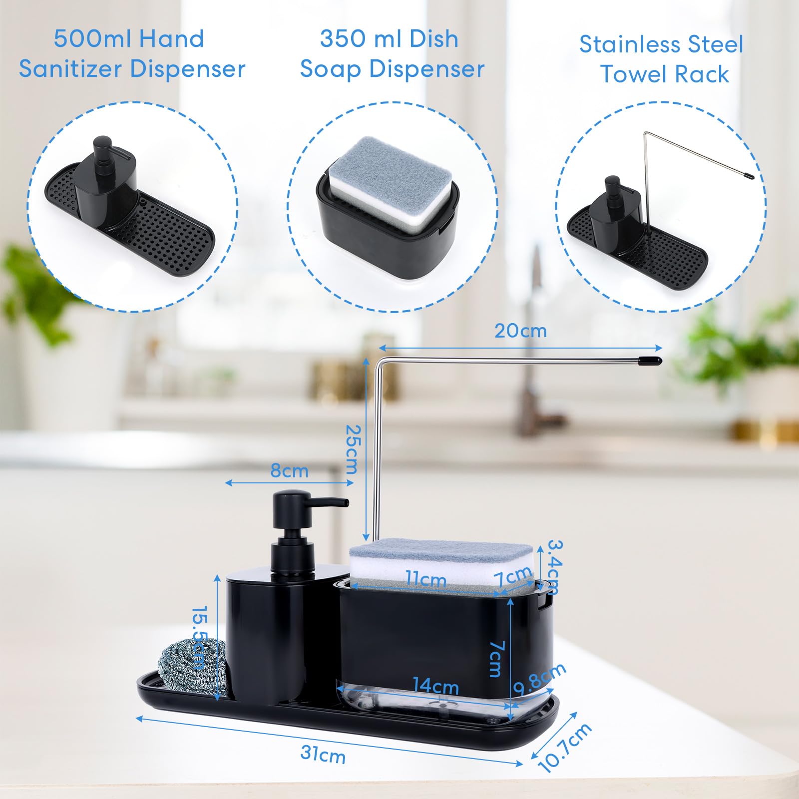Set di dispenser di sapone liquido nero con porta spugna e portasciugamani da cucina Dispenser di detersivo per lavello da cucina Pompa di sapone ricaricabile per lavare i piatti Accessorio da cucina