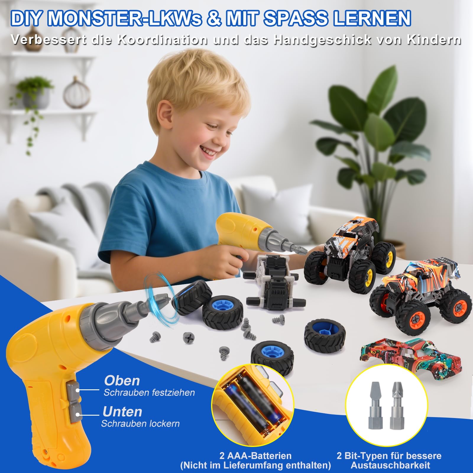 Bugrtey Zerlegbare Monster-LKW-Spielzeug mit Elektrohandbohrer & Aufbewahrungsbox, ab 3-8 Jahre – STEM-Bildungsspielzeug, Geburtstags Kinder/Jungen/Mädchen