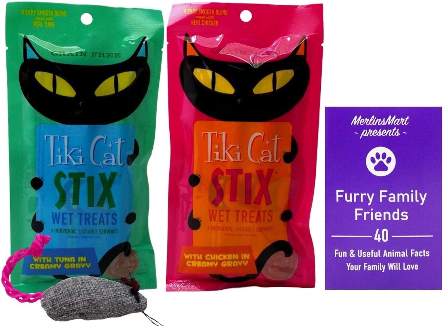 Tiki Cat Stix Grain Free Lickable Cat Treats 2 Flavor Variety | (1) Each: Tuna, Chicken (6 Count) | Plus Catnip Mouse and Fun Animal…