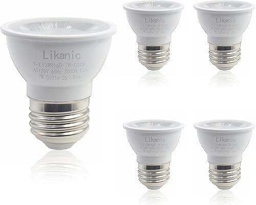 Likanic Bombillas LED PAR16, 7 W (50 W equivalente) 500lm E26 foco regulable de base media, ángulo de haz de 35  3000 K, blanco cálido, bombillas