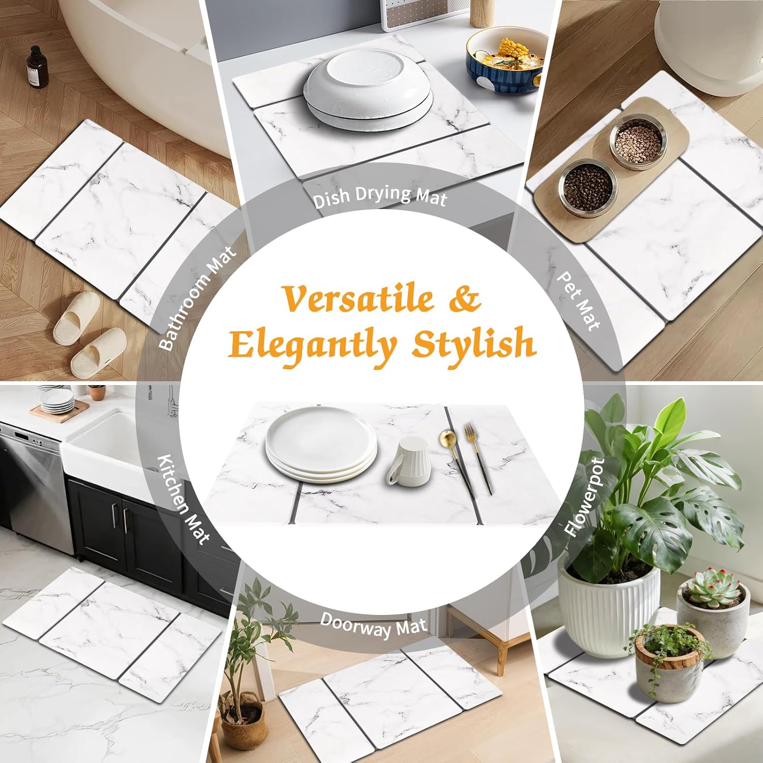 Stone Dish Drying Mat for Kitchen Counter, 24''×15'' Dishes Drying Matt Kitchen Counter, Absorbent Diatomaceous Earth Bath Quick Dry Mats for Tableware, Bottles and Cup (White Marble)