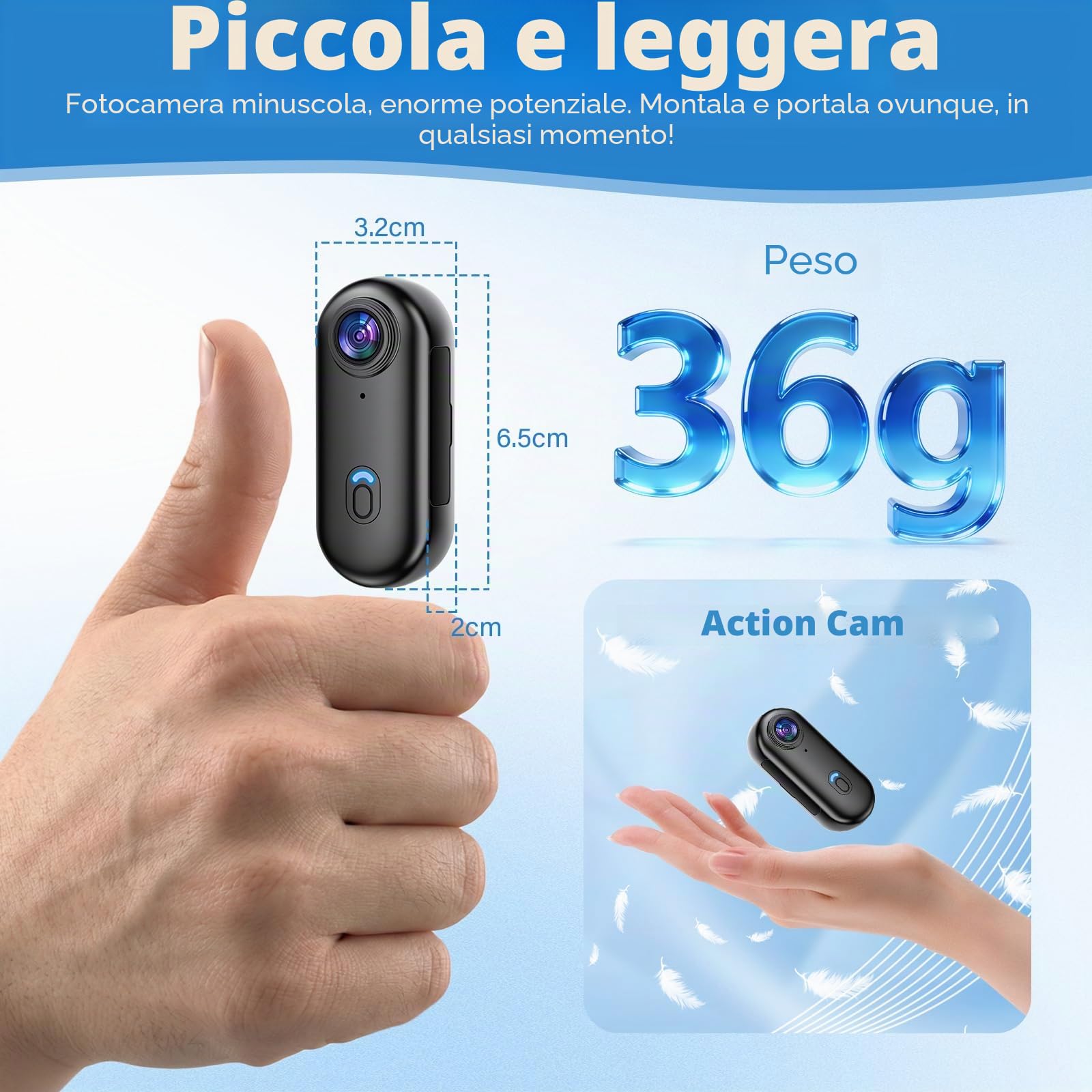 Mini Action Cam, 32GB Mini Telecamera Sportiva Body Cam Telecamera,HD 1080P Fotocamera Subacquea 30M, 120° Videocamera Sportiva WiFi per Pollici Bici Moto Casco Sci Surf con Accesorios Multiples