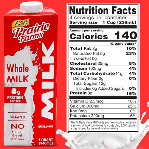 Miniatura 2 de Prairie Farms Leche Entera, Estable en Estante, En Caja y Ultra Pasteurizada (UHT), Leche Blanca con Vitamina D - Sin Conservantes y Sin Hormonas,