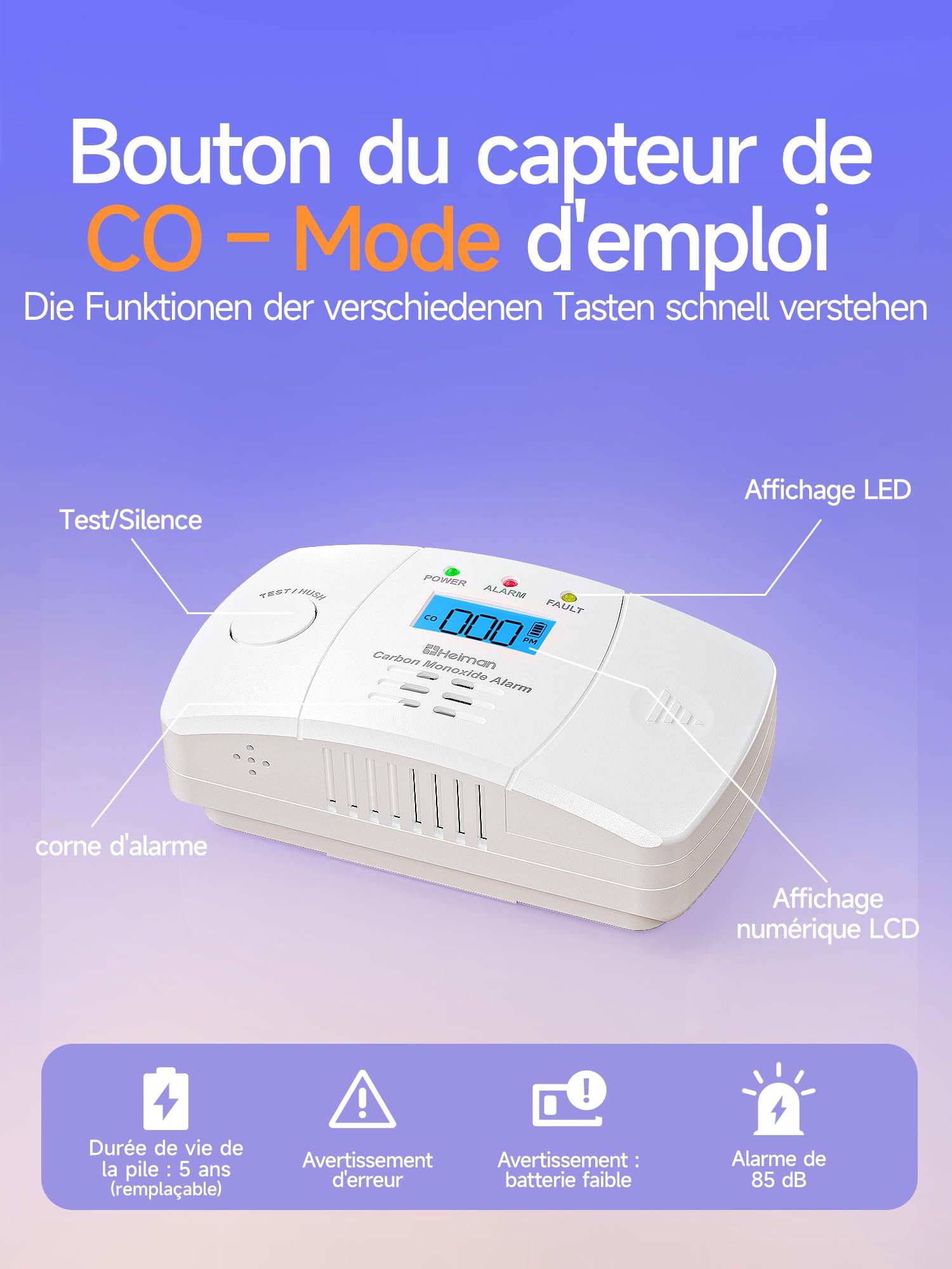 Heiman Détecteur de Monoxyde de Carbone Détecteur de CO avec Batterie échangeable et Bouton de Test et Voyant d'état LED, Capteur 10 Ans