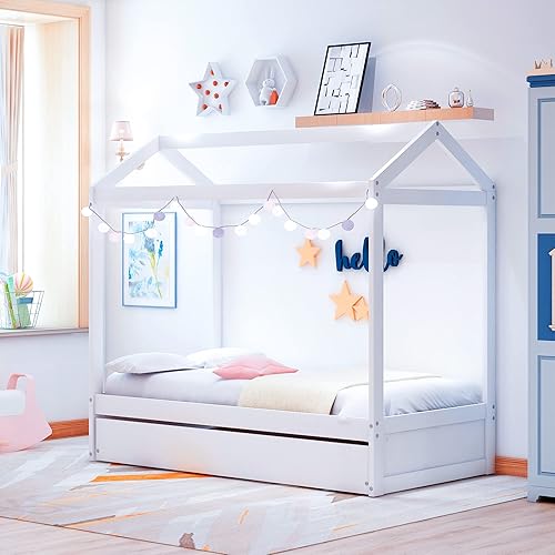 Miniatura 15 de Harper & Bright Designs Cama matrimonial con nido de tamaño individual, cama de madera de tamaño matrimonial con techo, ventanas y valla, marco de