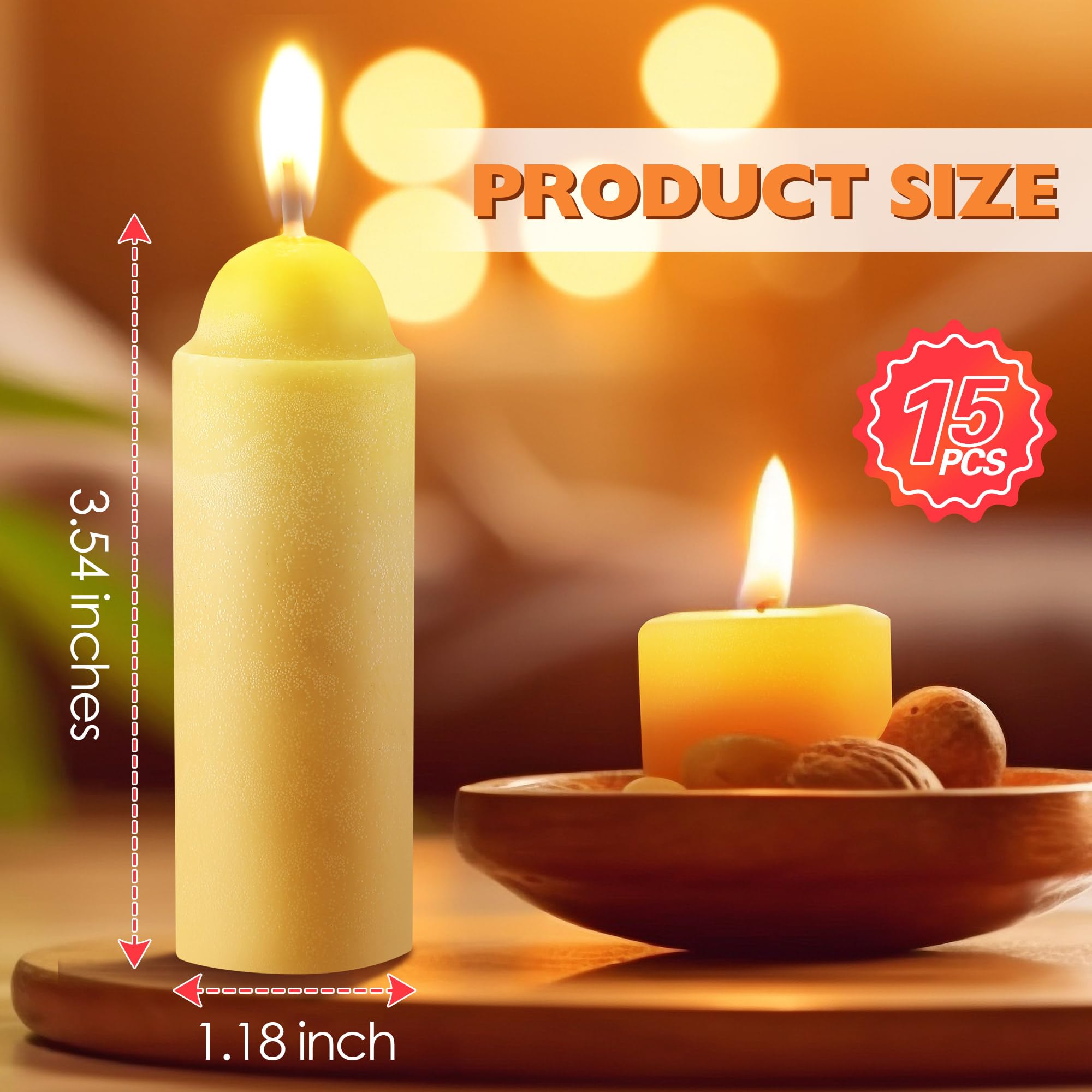Dunkive 15 Pcs 15H Natural Beeswax Candles for Candle Lanterns, Emergency Candle for Outdoor Survival, Smokeless Long Lasting Bougie for Home Power Outages, Emergency, Survival(Yellow,Beeswax)