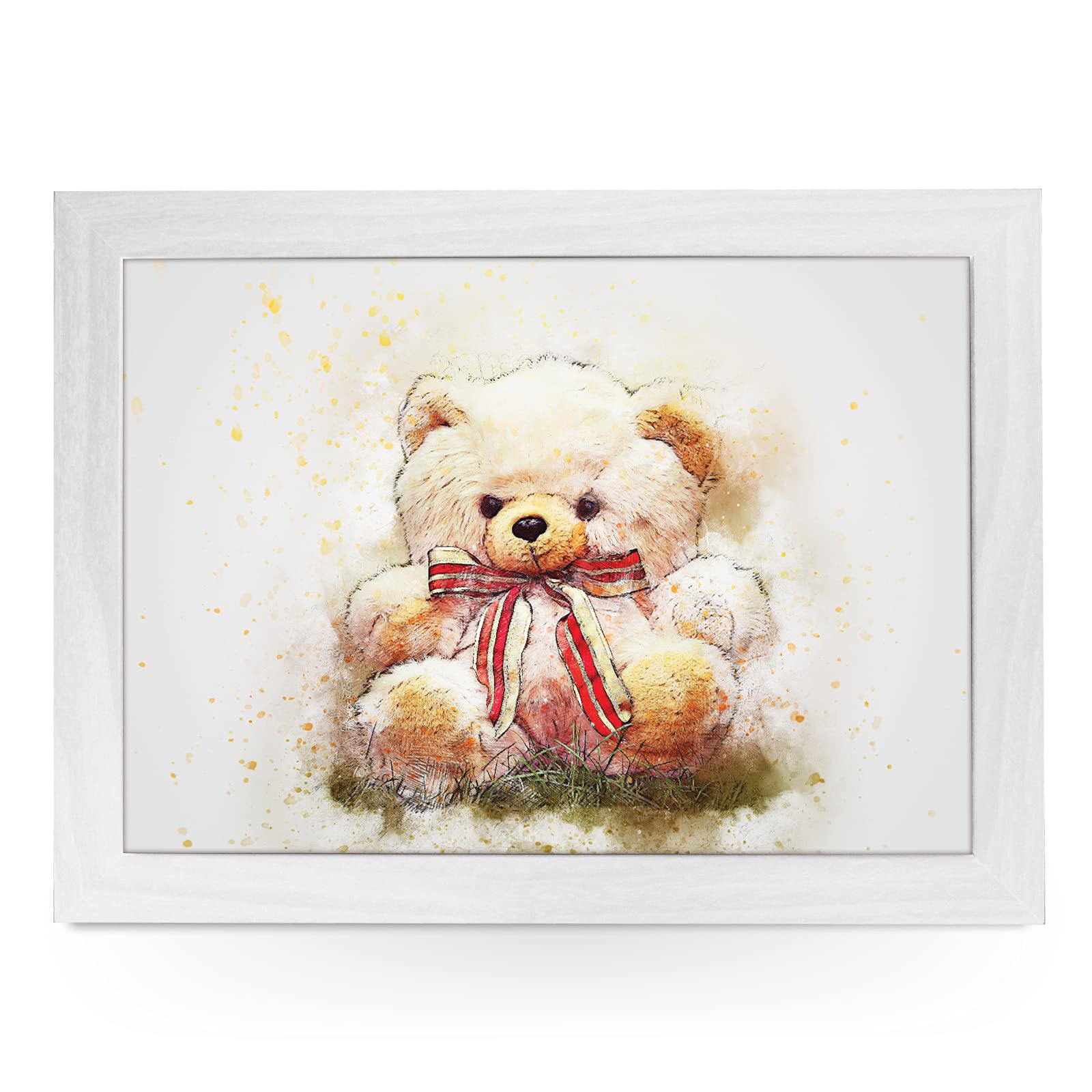 Portable Lap Desk Tray (Watercolour Teddy Bear) Handmade Wooden Frame, Beanbag Cushioned Bottom | Computers, Laptops, Meals, Food | L830 White
