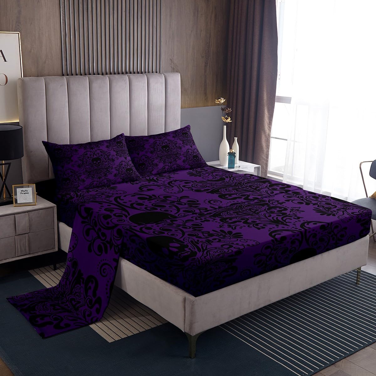 Feelyou Gothic Skull Bed Sheets Set King Size 4Pcs Soft | Damask Print Bed Set Goth Bohemian Deep Pocket Fitted Sheet Black Purple Breathable Cozy Lightweight Microfiber All Season