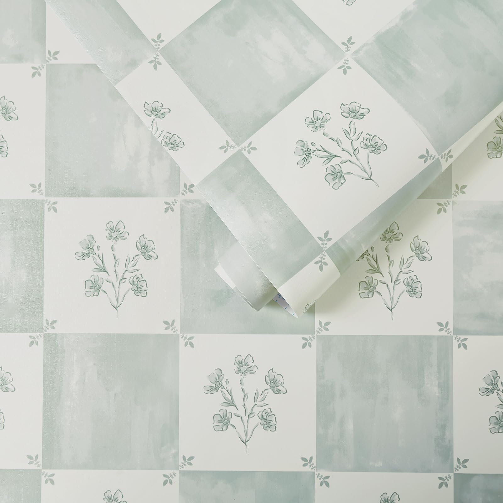 Timeet 44CM x 10M Self Adhesive Wallpaper Green Peel and Stick Wallpaper Vintage Check Floral Contact Paper Cream Vinyl Sticky Back Plastic Waterproof Removable for Bedroom Living Room Geometric