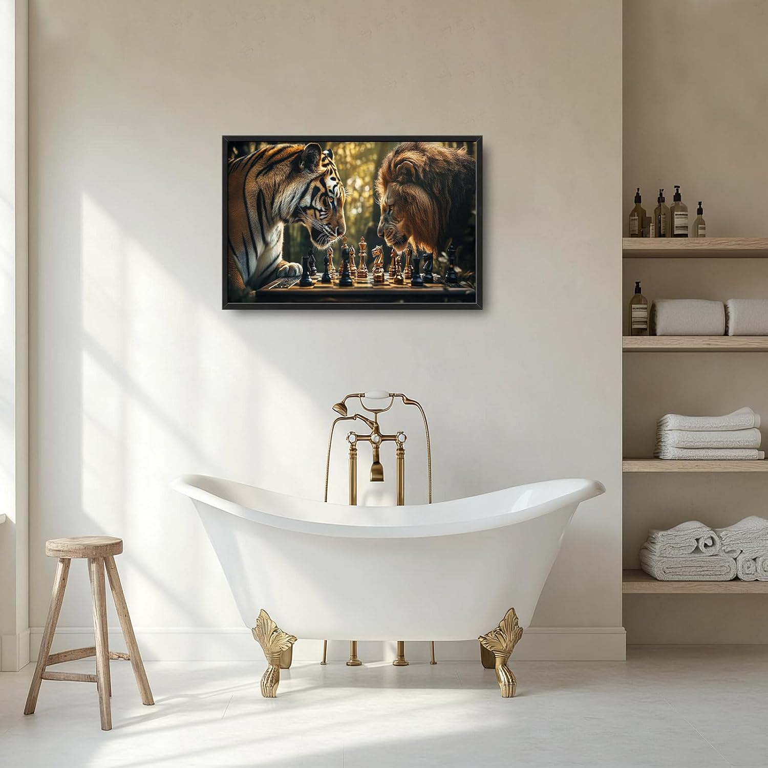 Olivine Chess Large Wall Art, Tiger And Lion Pictures Wall Decor, Wildlife Painting, Game Canvas Prints, Framed Artwork for Dining Room Living Room Bedroom Bathroom Office Home Decoration 36"x24"