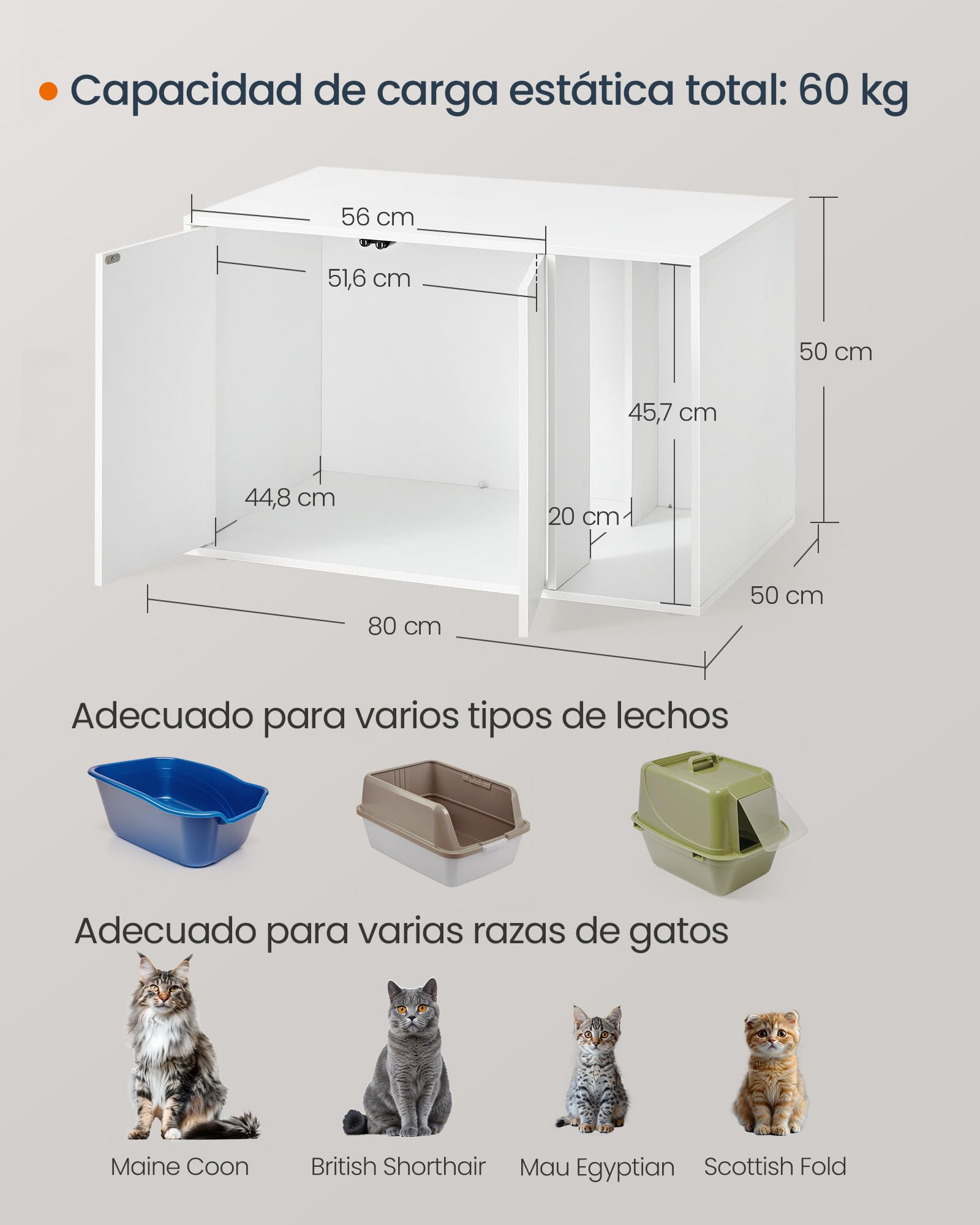 SONGMICS Home Caja Arenero, Montaje Súper Rápido Sin Herramientas Toolless, Casa Grande para Gatos con Puerta con Apertura a Presión, Minimalista, Blanco Nieve PCL013W01