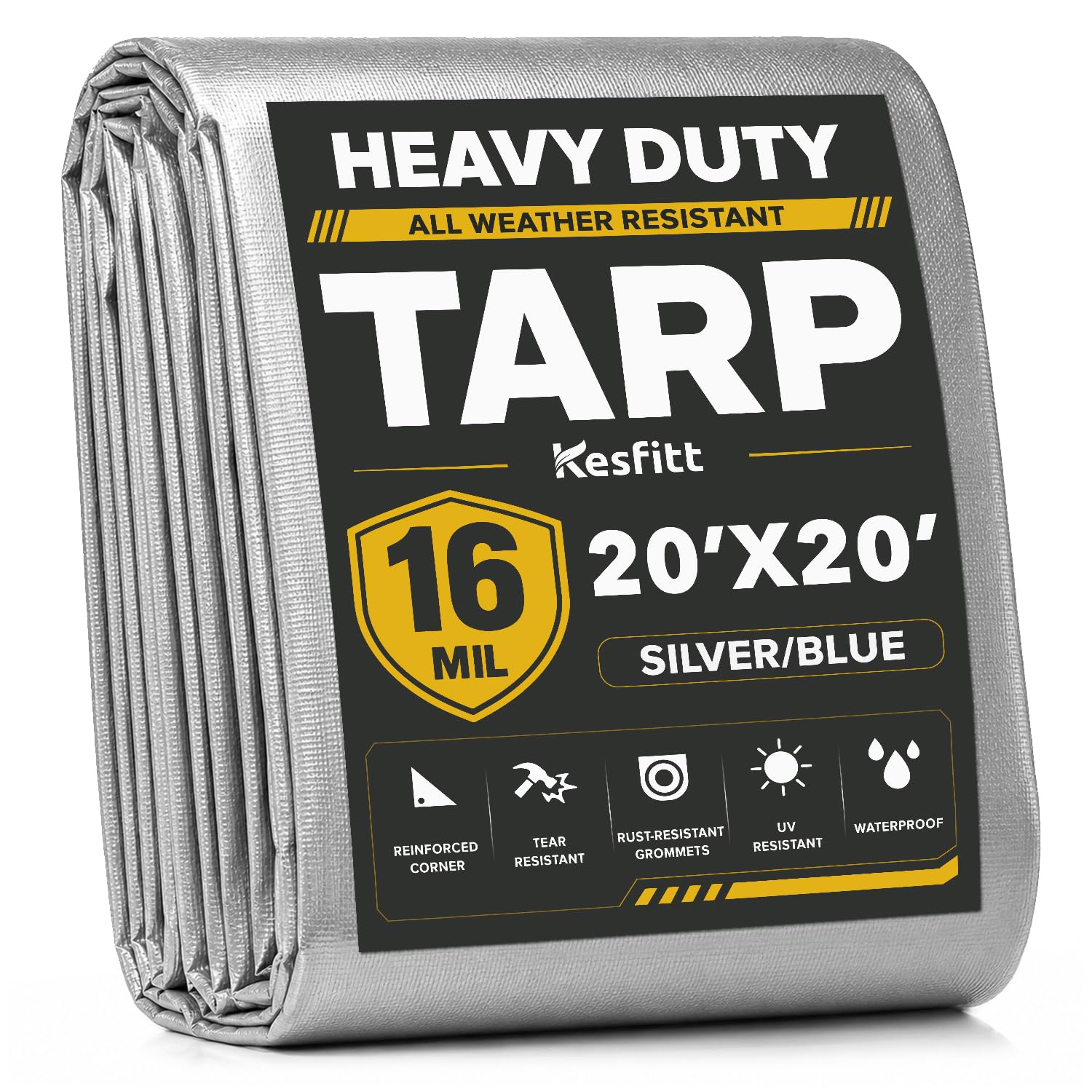 Kesfitt 16 Mil Heavy Duty Waterproof Tarp, 20x20 FT, Silver & Blue