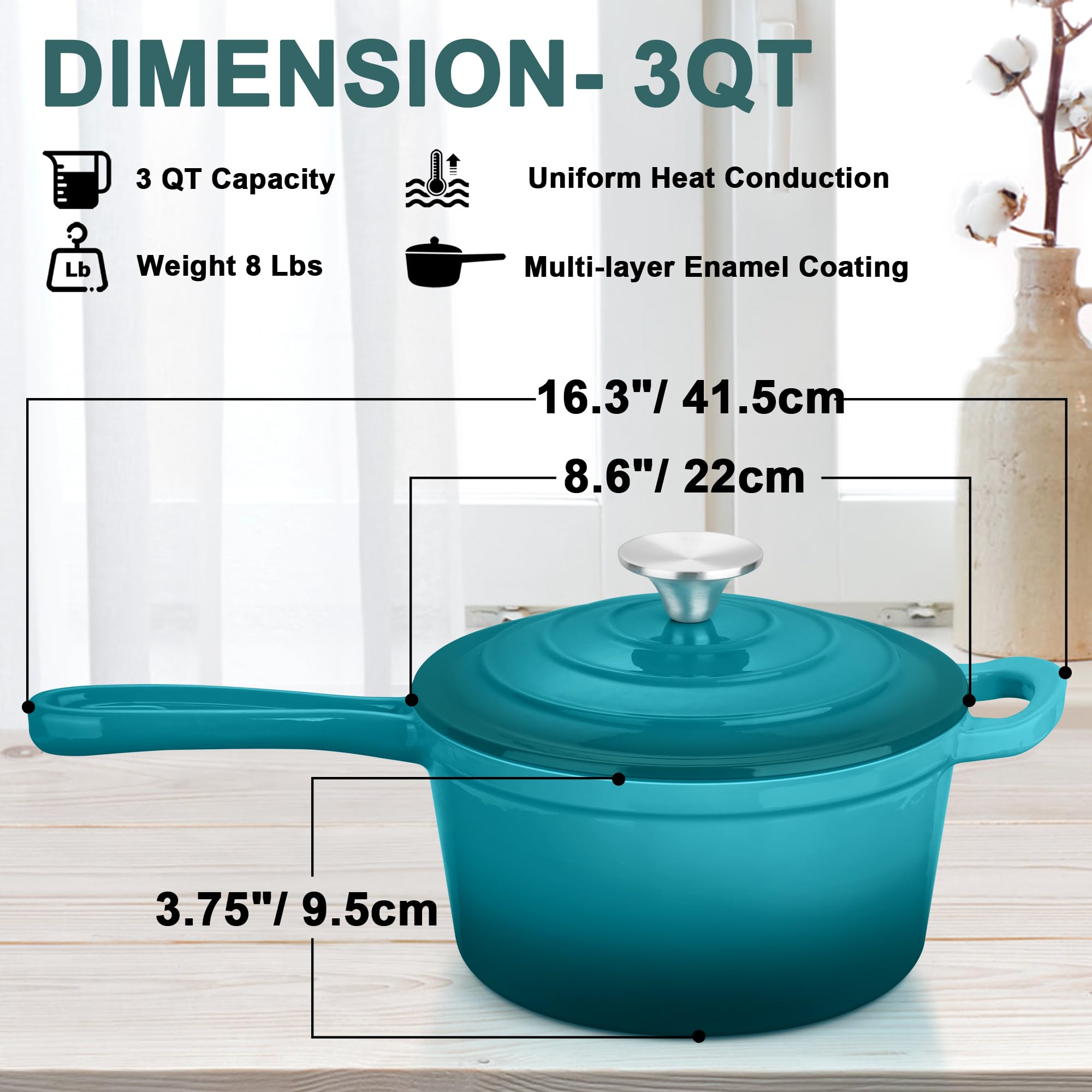 Leonyo - Sartén de hierro fundido esmaltado de 3 cuartos con tapa, olla grande de hierro fundido holandés, utensilios de cocina para todas las cocinas, pasta, sopa, leche, hasta 260.0 °C y 8 bs, verde