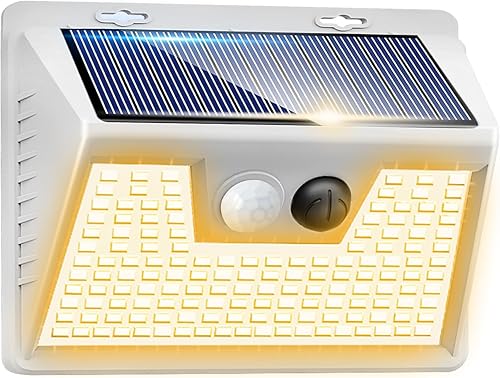 Miniatura 40 de Peasur Luces solares con sensor de movimiento para exteriores, paquete de 2 140 luces LED para valla, impermeable, marco blanco, iluminación de