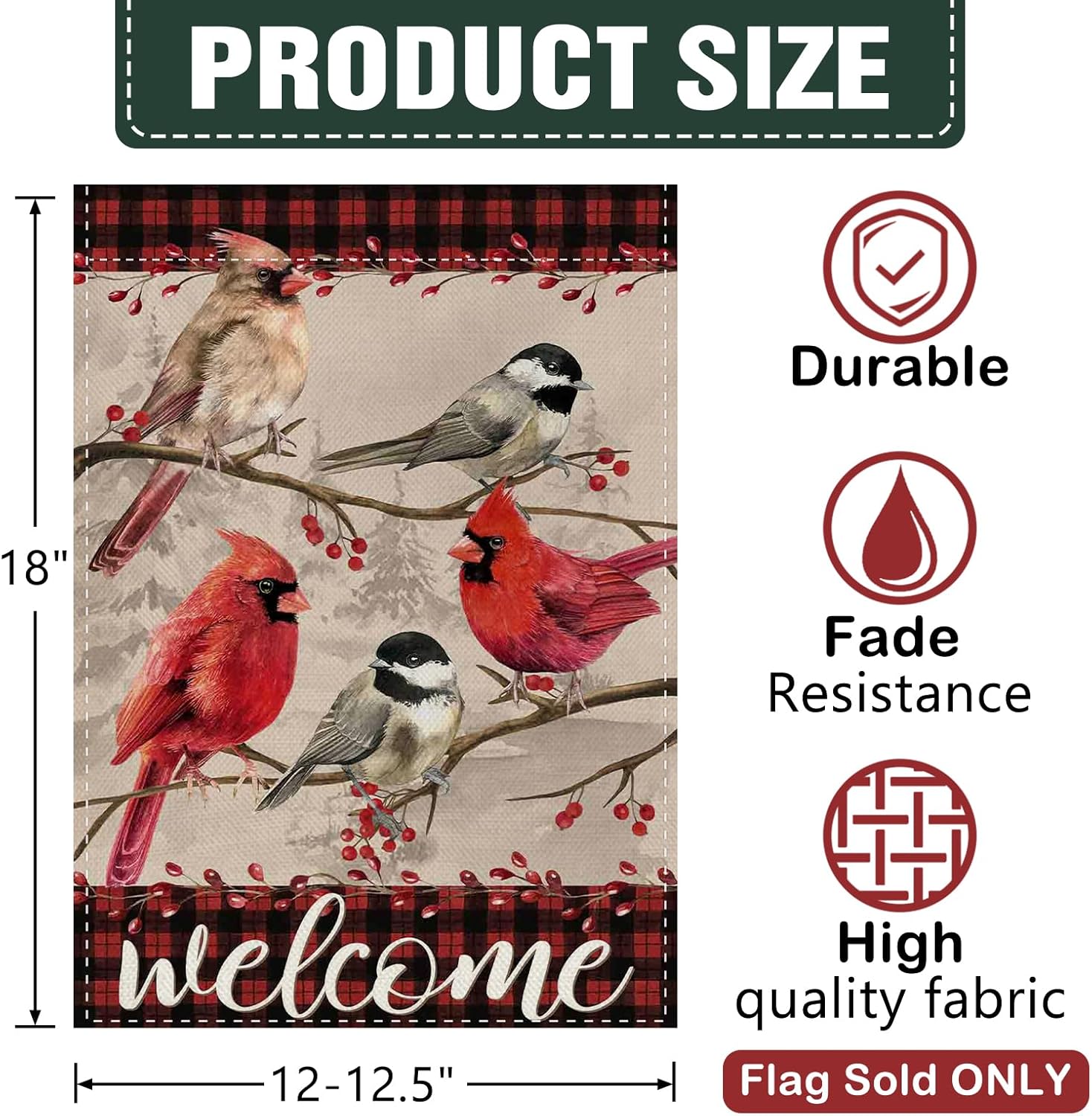 Dyrenson Welcome Christmas Cardinal Chickadee Decorative Garden Flag, Vintage Xmas Birds Red Berries Yard Outside Home Decoration, Winter Holiday Plaid Burlap Outdoor Small Decor Double Sided 12 x 18 - Image 2