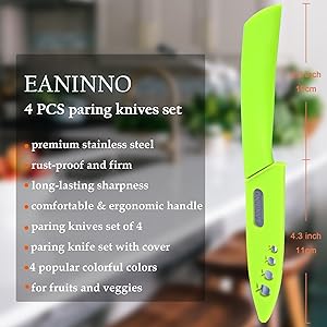 EANINNO Paring Knife Set, 4 inch Kitchen Paring Knives with Cover for Fruit Peeling Vegetable Stainless Steel with Sheath Ergonomic Handle