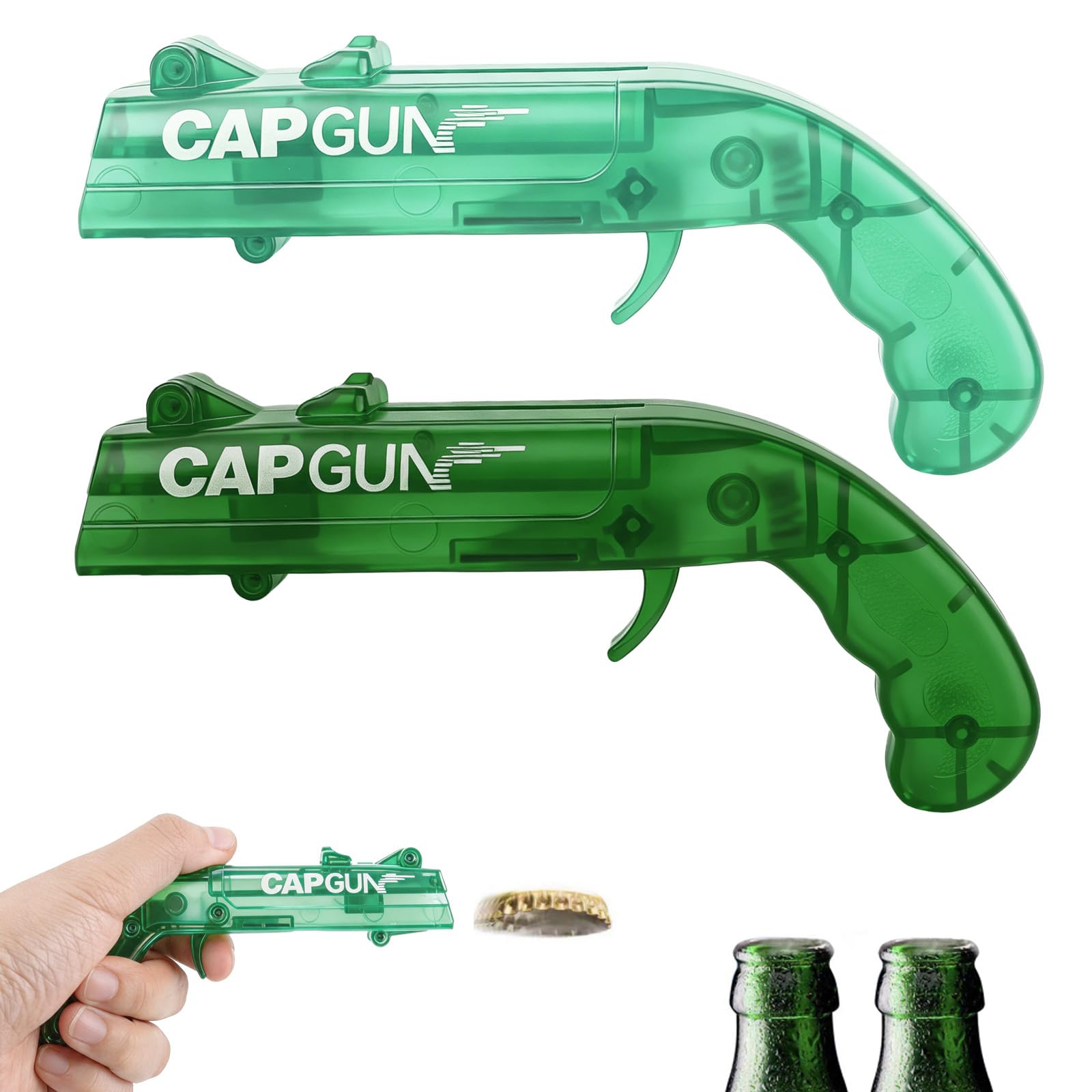 2 Pcs Beer Bottle Opener Cap Gun, Funny Cap Gun Bottle Opener Launcher Shooter, Caps for Cap Gun for Shooting Game Home Bar Party Christmas, Gift for Him(Transparent Blue-Green + Beer Bottle Green)